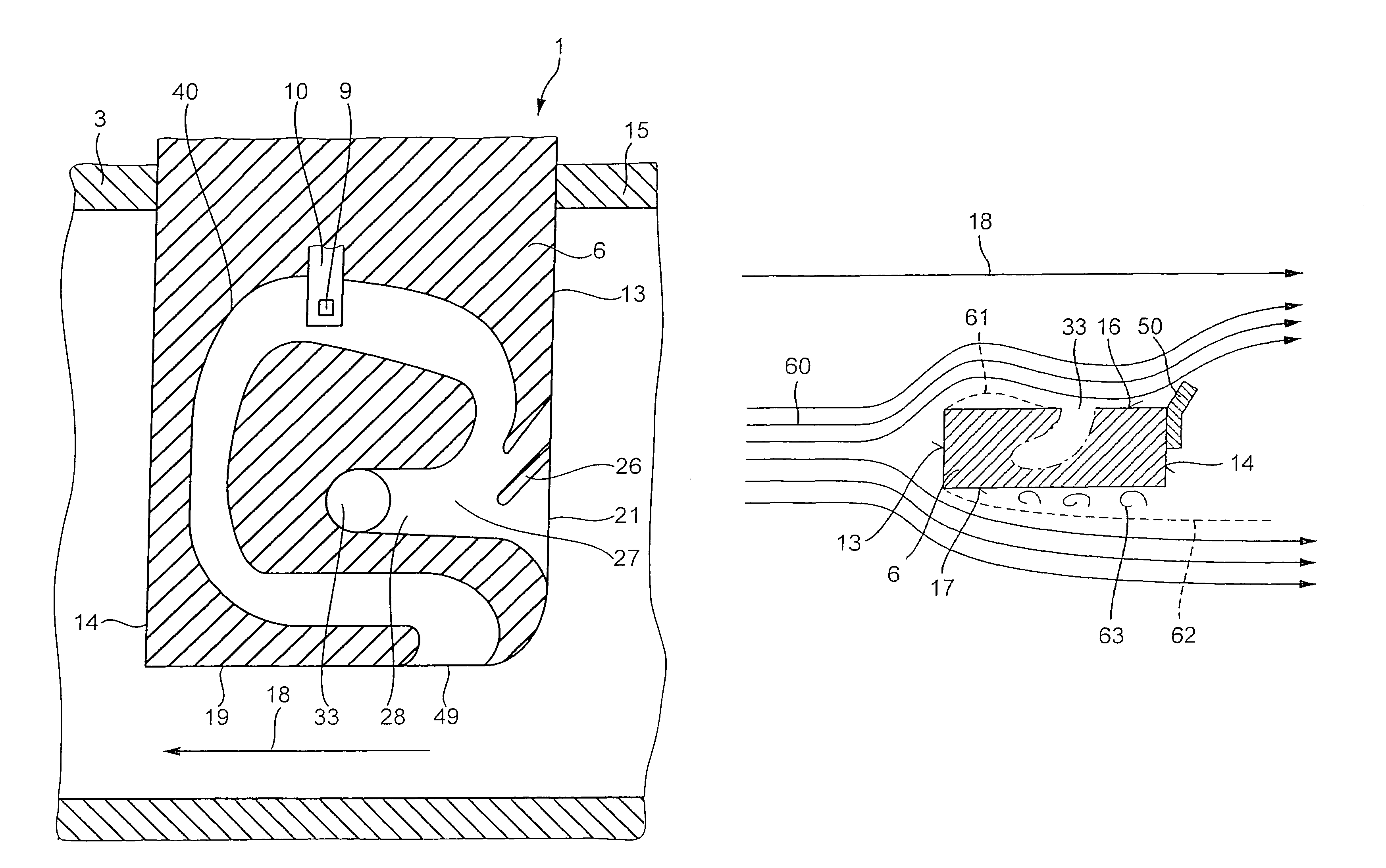 Device for determining air mass in a line and including a separation outlet having a wind shield structure