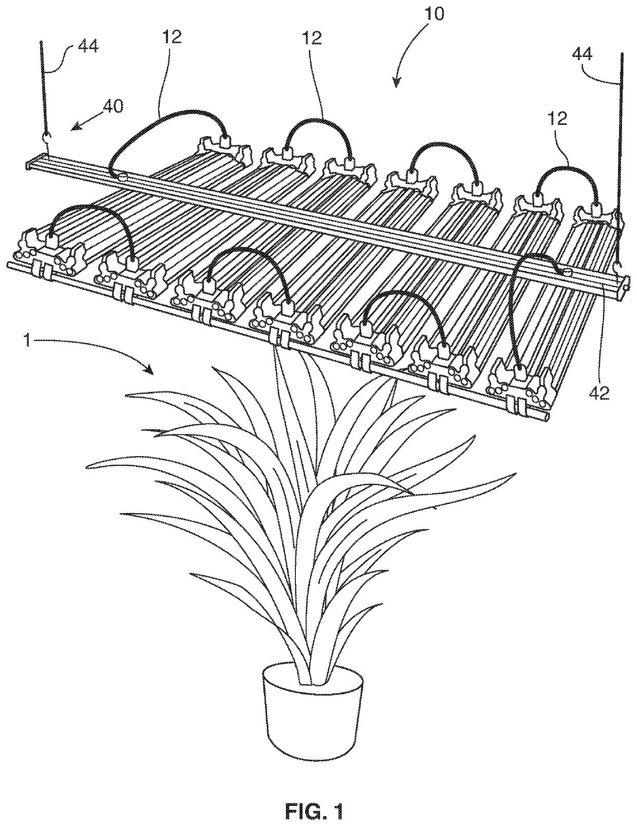 Grow light assembly with secondary light modules angularly movable relative to primary light modules
