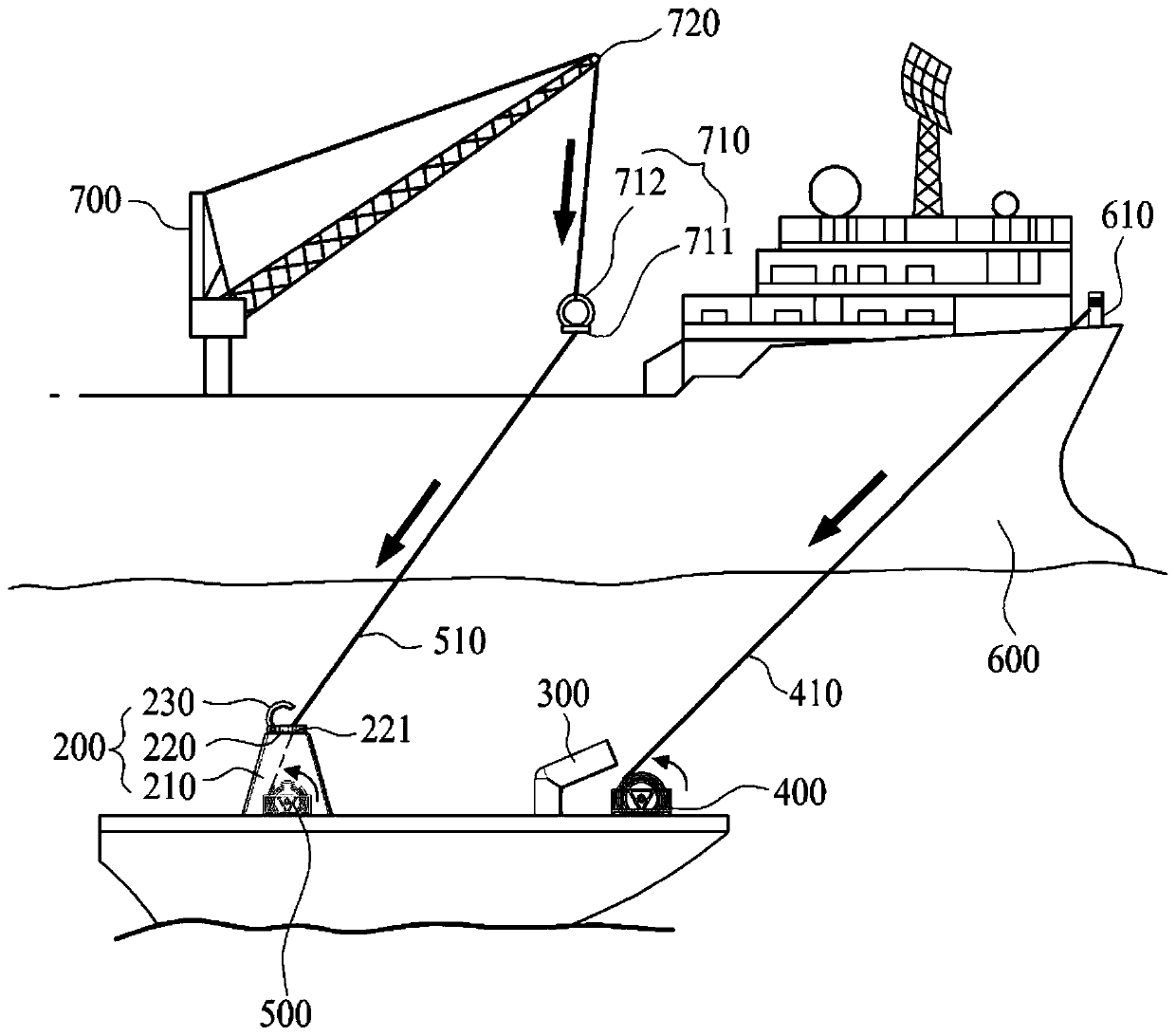 Unmanned boat equipped with connection device and recovery method thereof