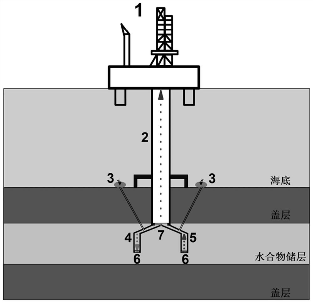 Marine natural gas hydrate production method adopting double-branch-well pressure reduction assisted by water flow erosion method