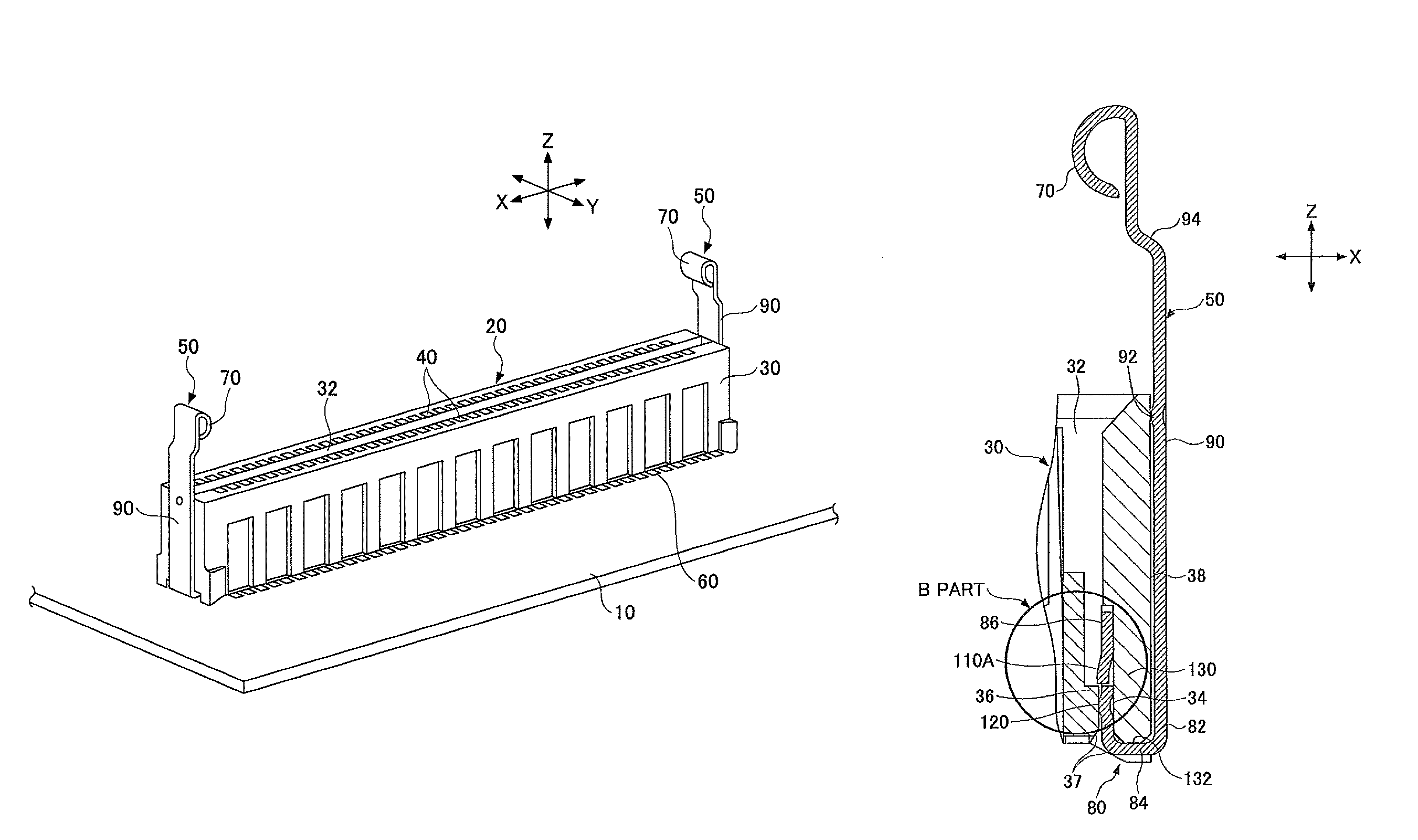 Board connecting connector with board holding device