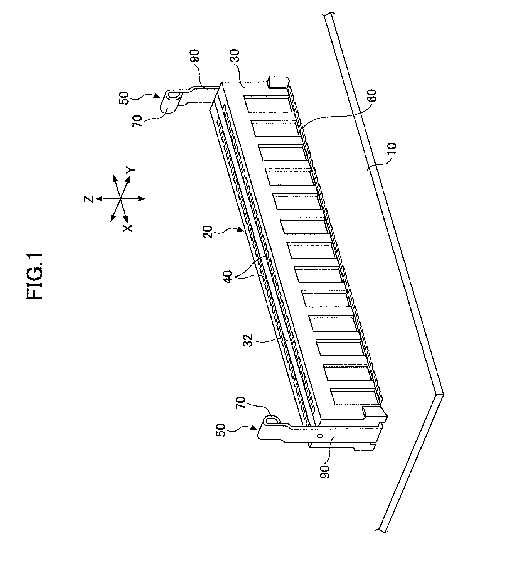 Board connecting connector with board holding device