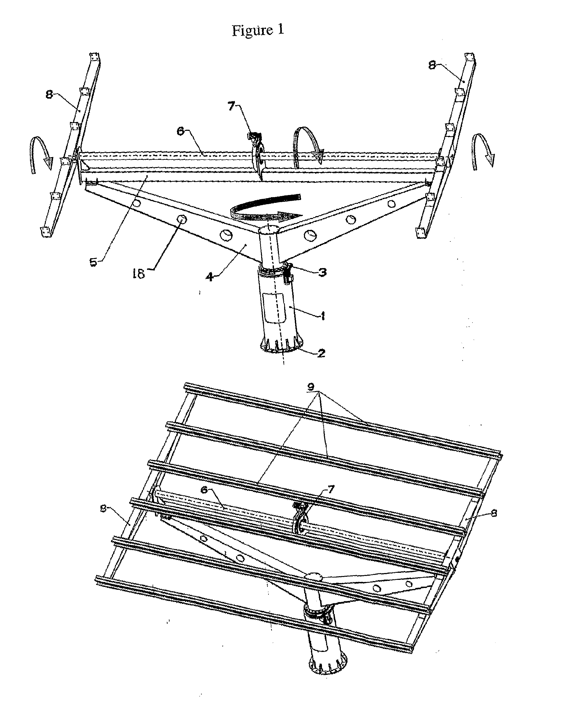 Photovoltaic panel support base rotating simultaneously around a horizontal and a vertical axis