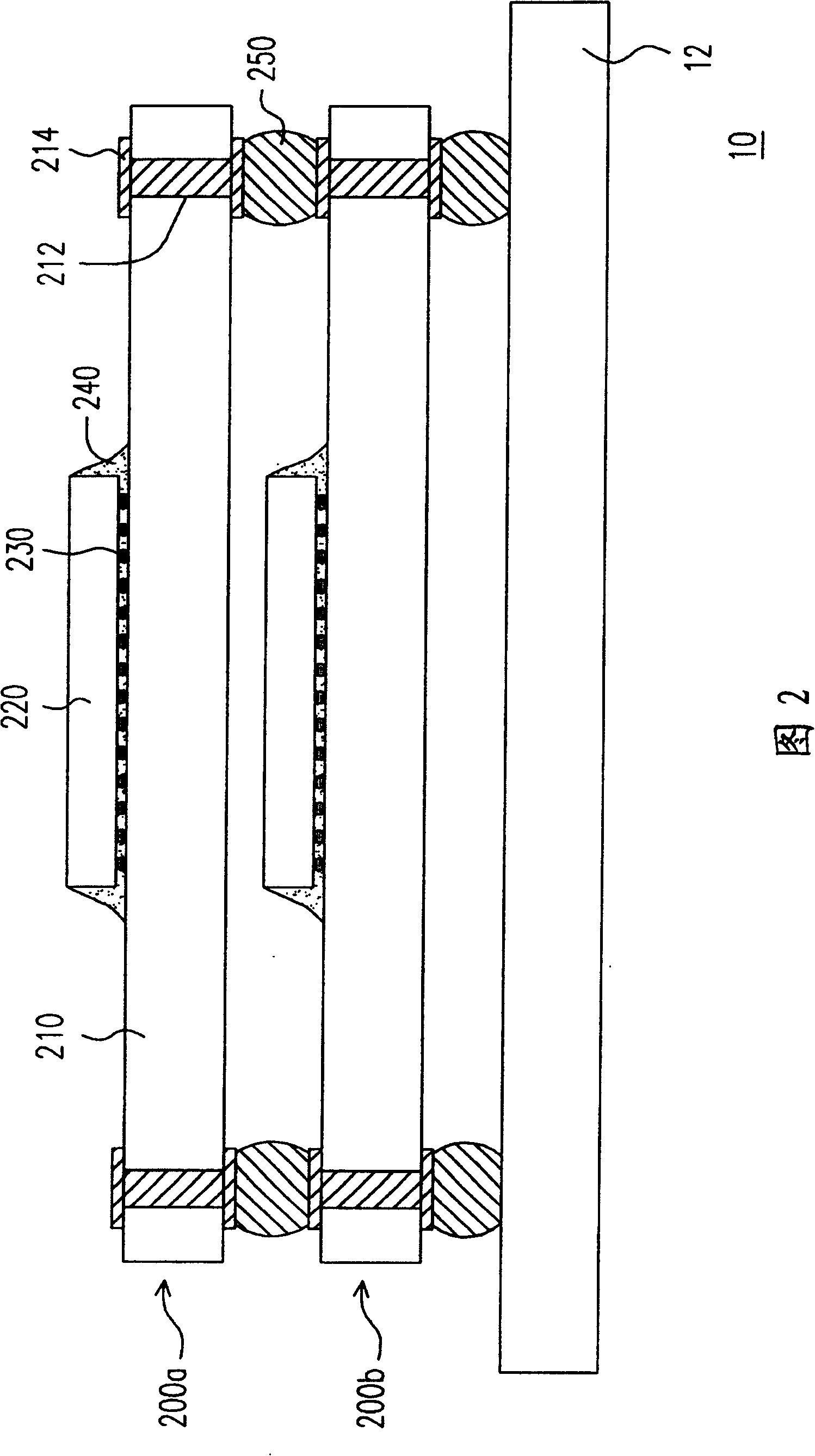 Stack type chip packaging structure, chip packaging body and manufacturing method