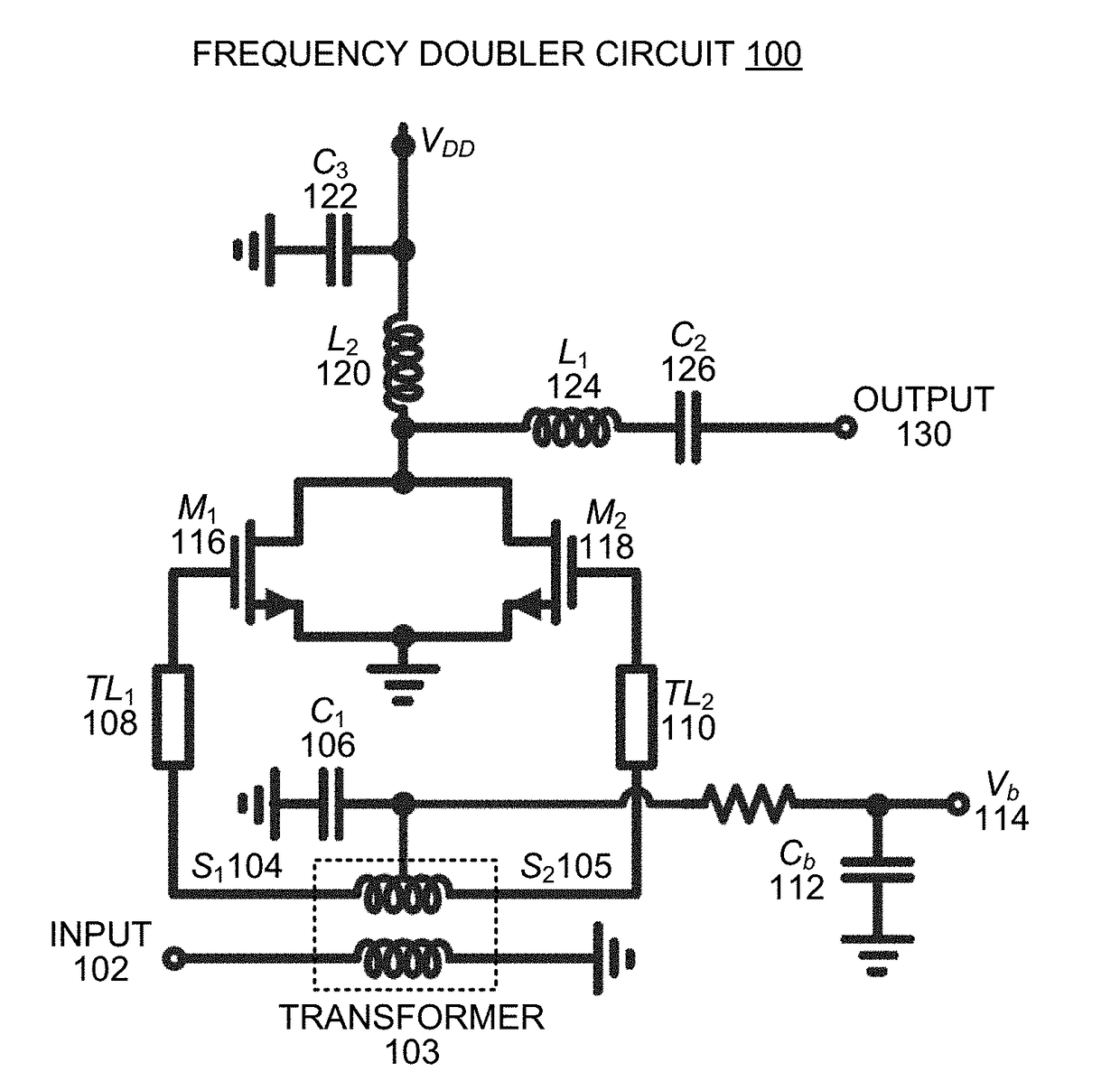 High-efficiency frequency doubler with a compensated transformer-based input balun