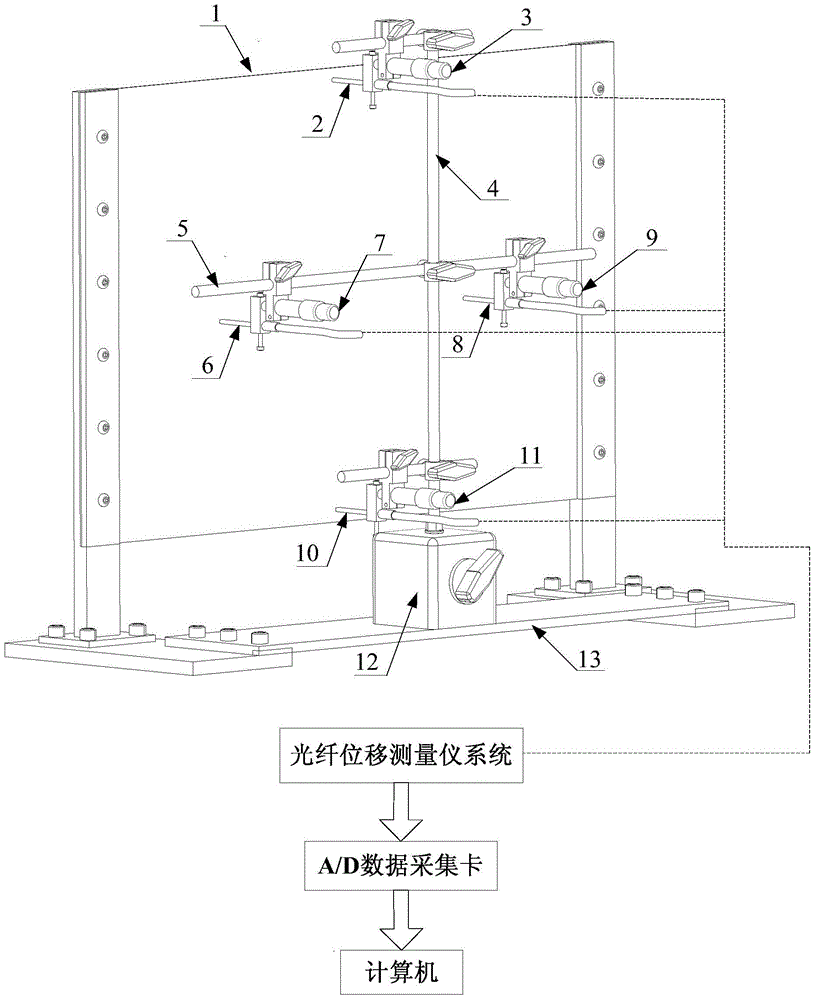 Vibration detection device and method for fixed support plate at both ends based on optical fiber displacement measuring instrument