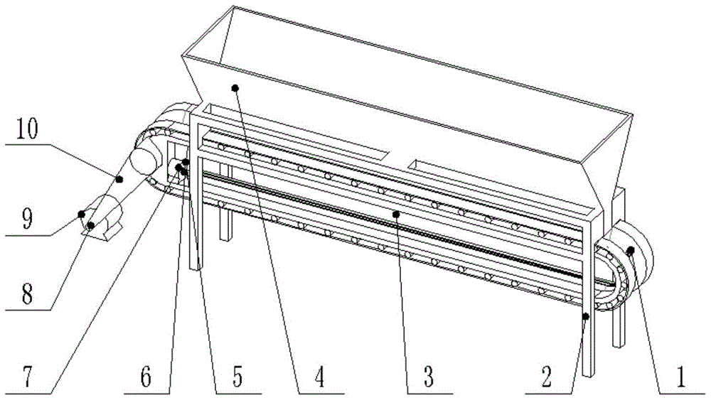 A conveyor belt conveying and double-roller extrusion type long pepper decapping device