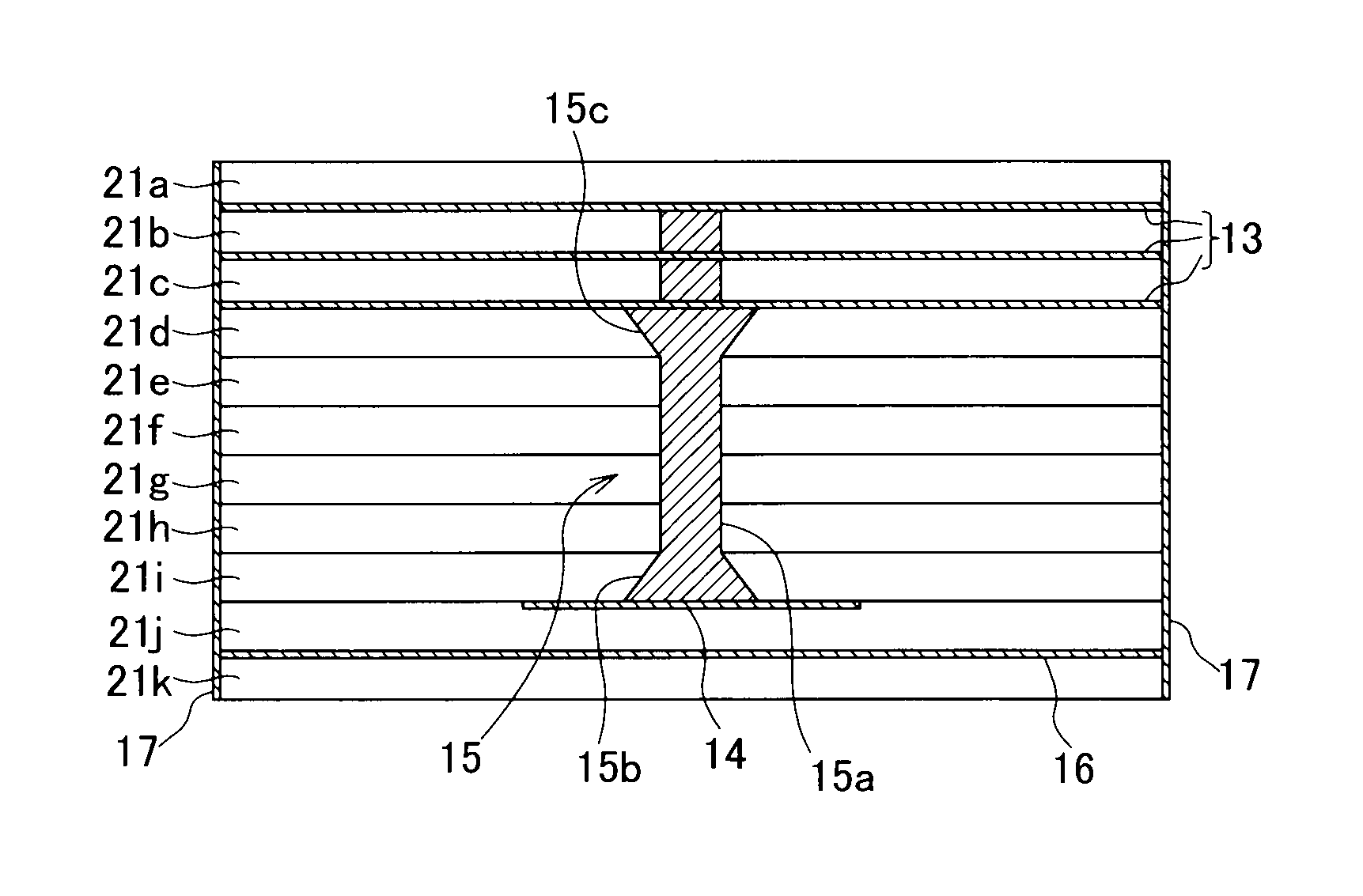 Laminated electronic devices with conical vias