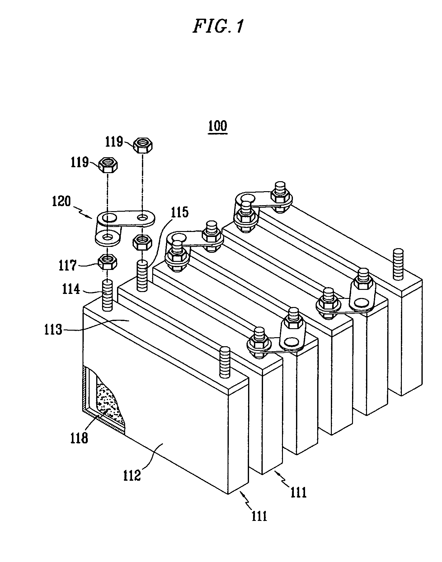Modular battery with connector interconnecting terminals of adjacent unit cells