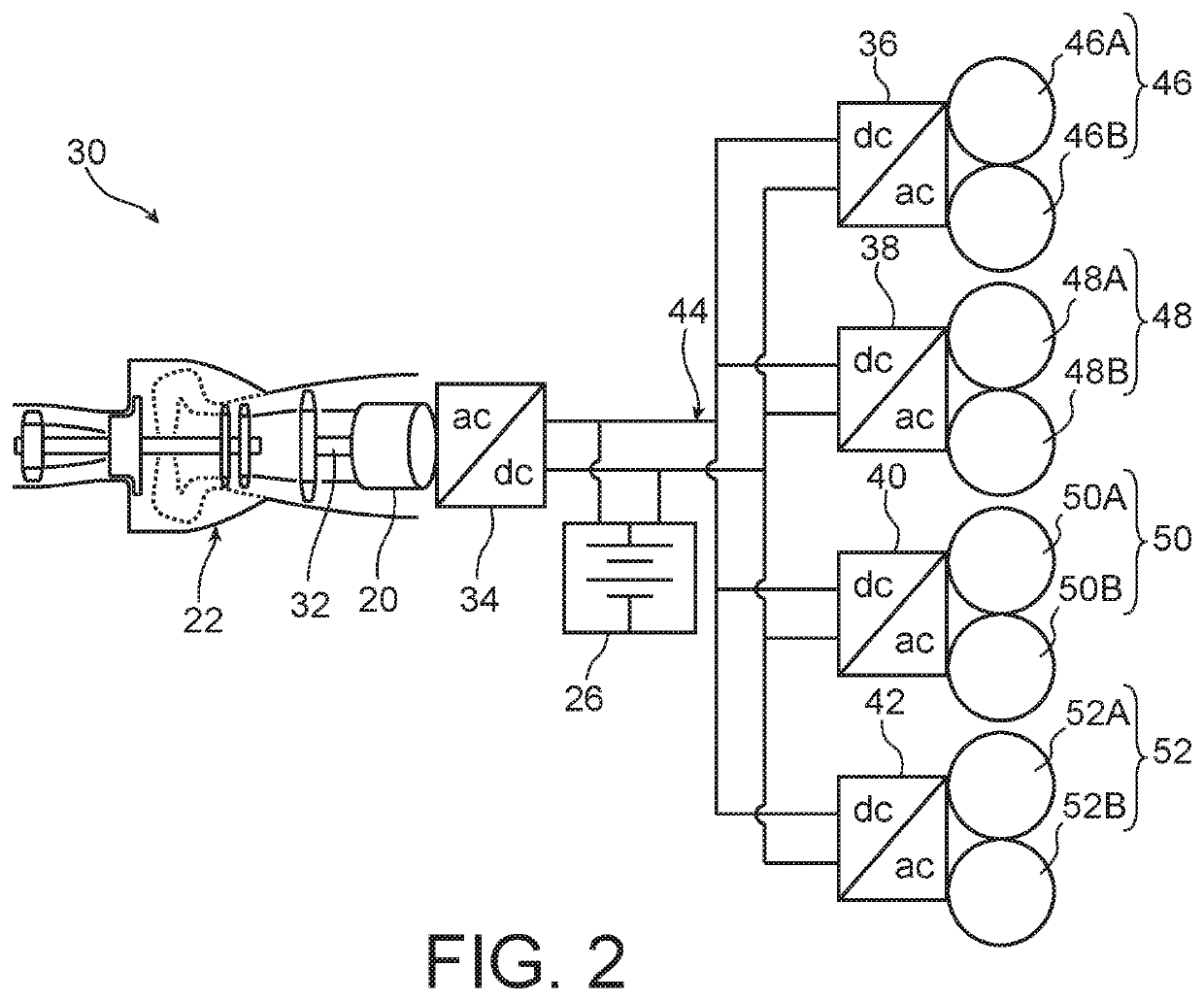 Hybrid propulsion system for multi-rotor rotary wing aircraft, comprising improved dc/ac conversion means