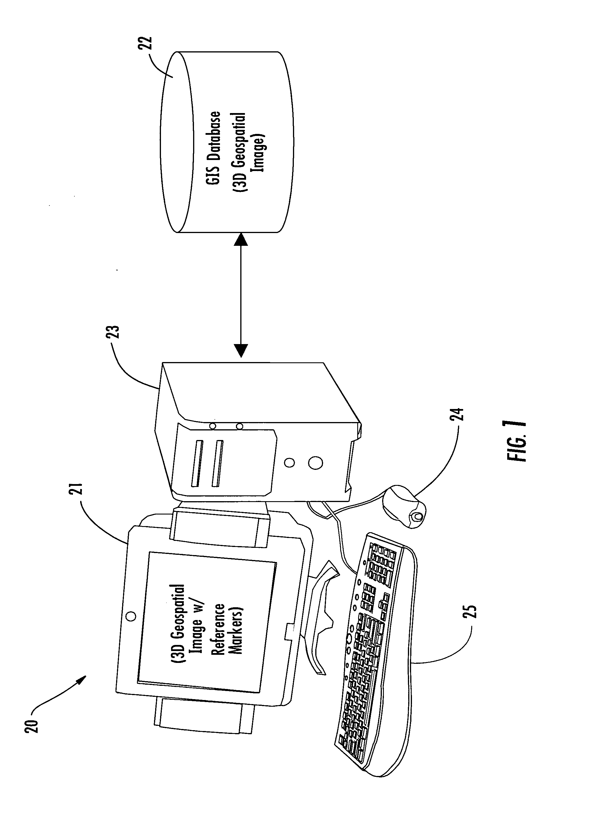 Geographic information system (GIS) for displaying 3D geospatial images with reference markers and related methods