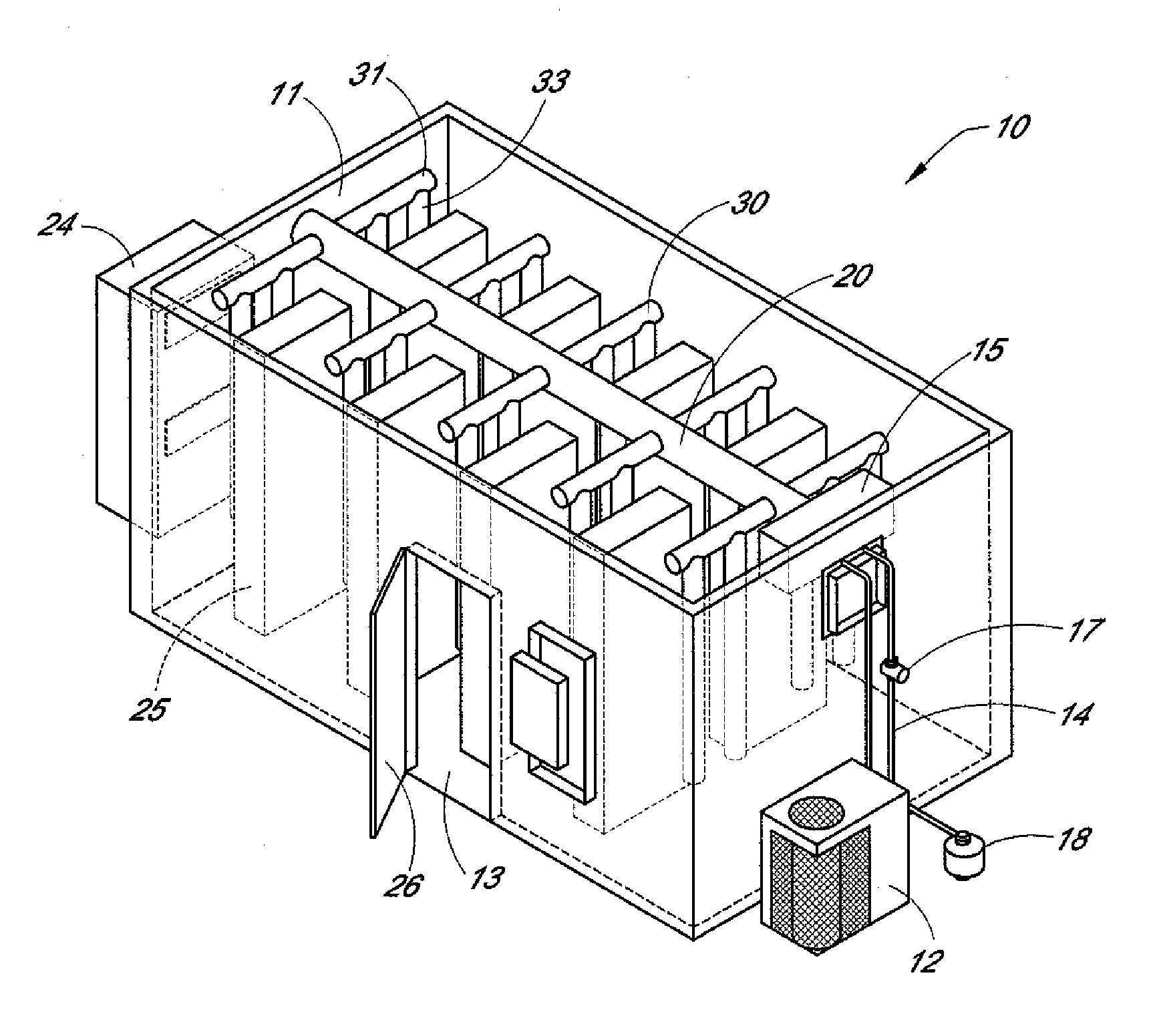 Telecommunications shelter with emergency cooling and air distribution assembly