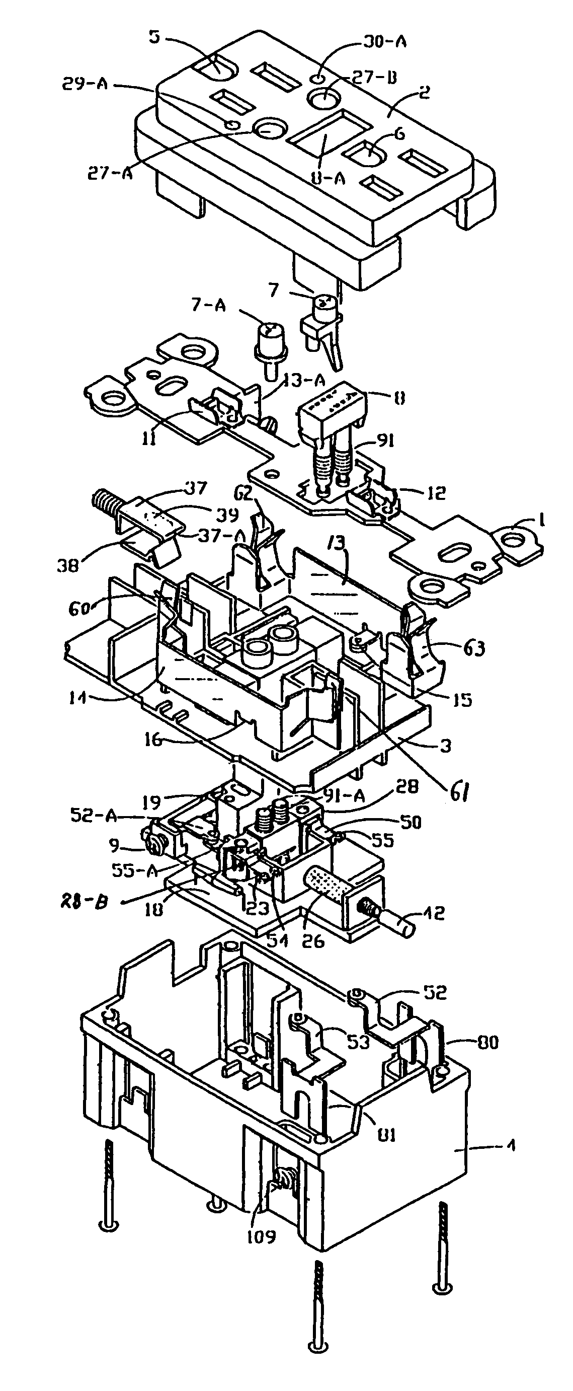Receptacle device having protection against arc faults and leakage currents