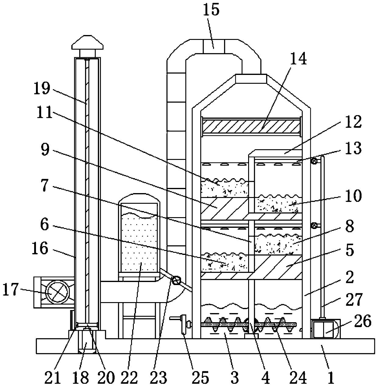 Negative pressure type purification tower for combustion waste gas treatment of multistage spraying contact reaction
