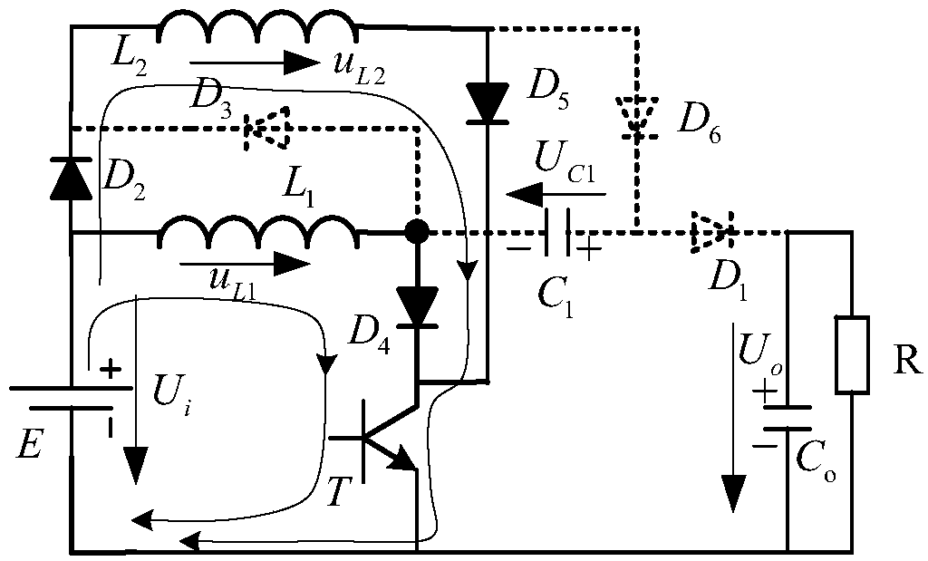 Single-transistor high-gain DC voltage boost conversion circuit with additional potential superposition output