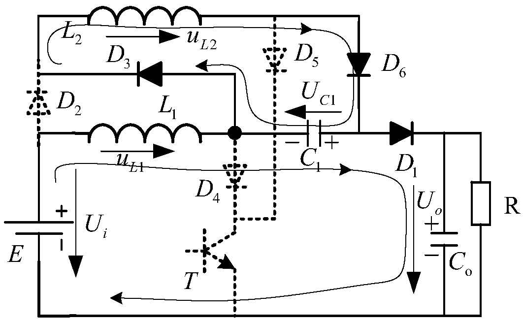 Single-transistor high-gain DC voltage boost conversion circuit with additional potential superposition output