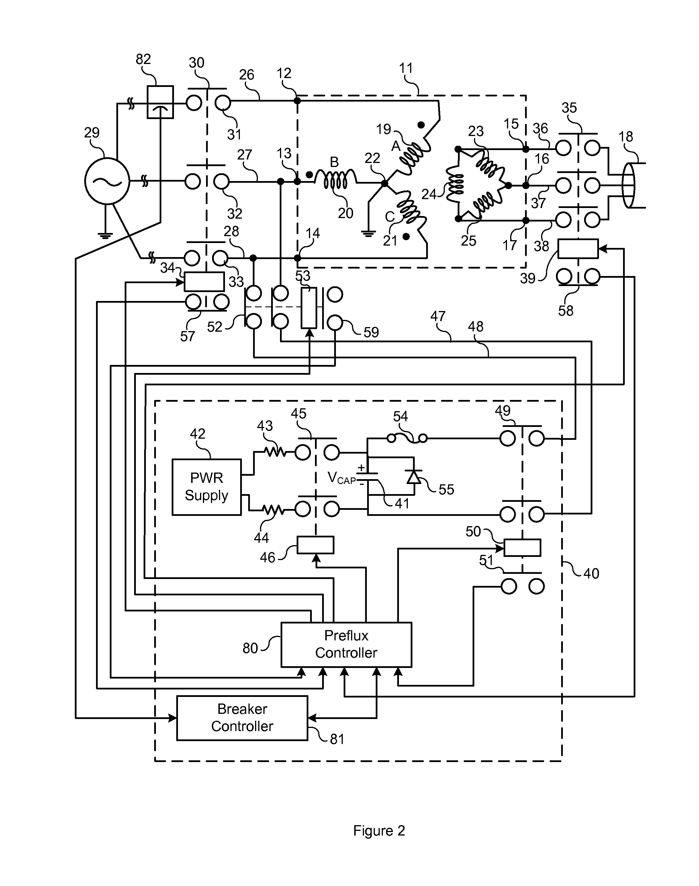 System, apparatus, and method for reducing inrush current in a three-phase transformer