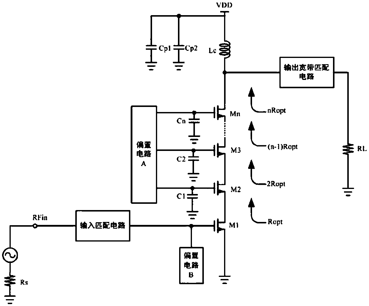 Radio-frequency power amplifier with stack structure
