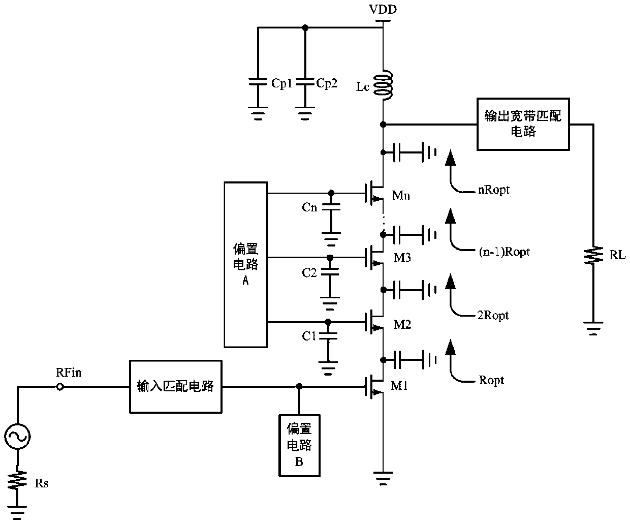 Radio-frequency power amplifier with stack structure