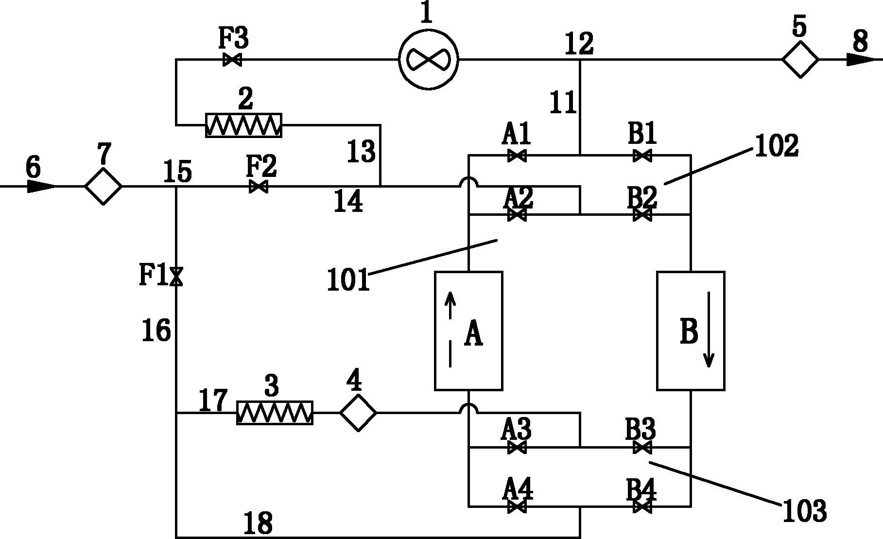 Process and device for drying adsorption type compressed gas regenerated by using compression heat