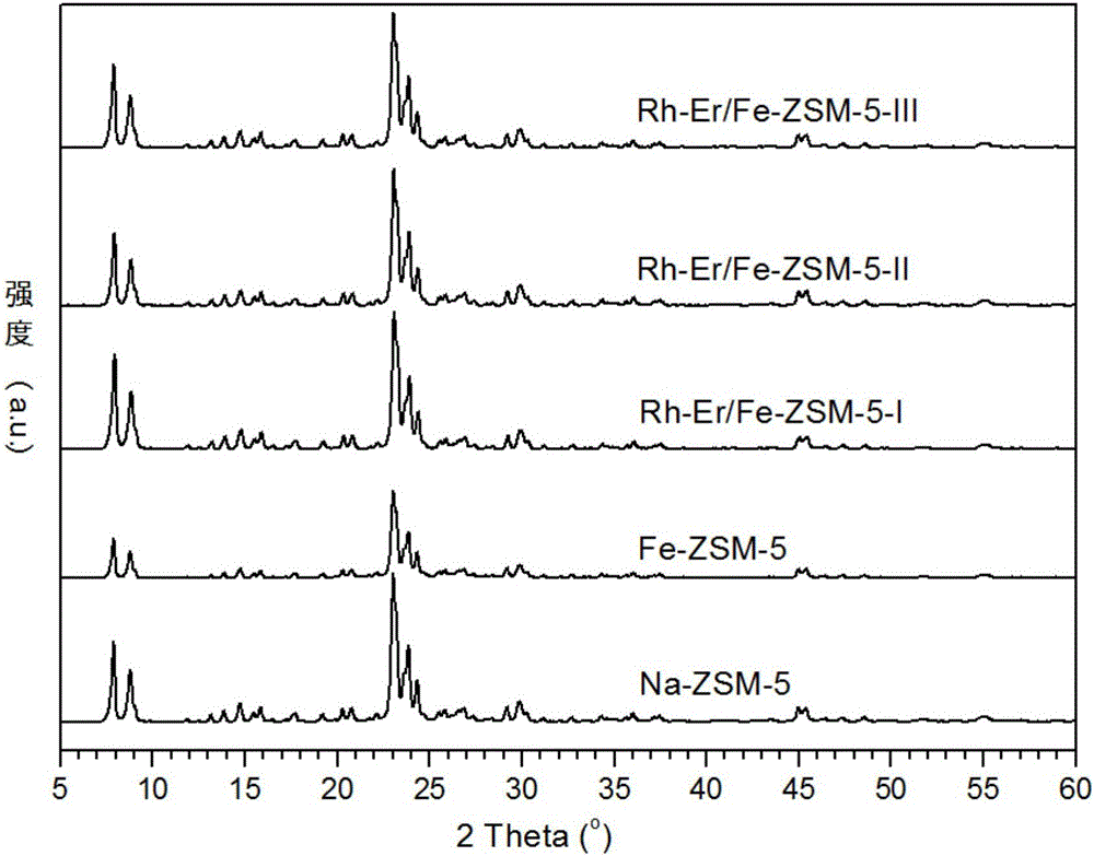Preparation method and application of Fe-ZSM-5 doped Rh and Er composite catalyst