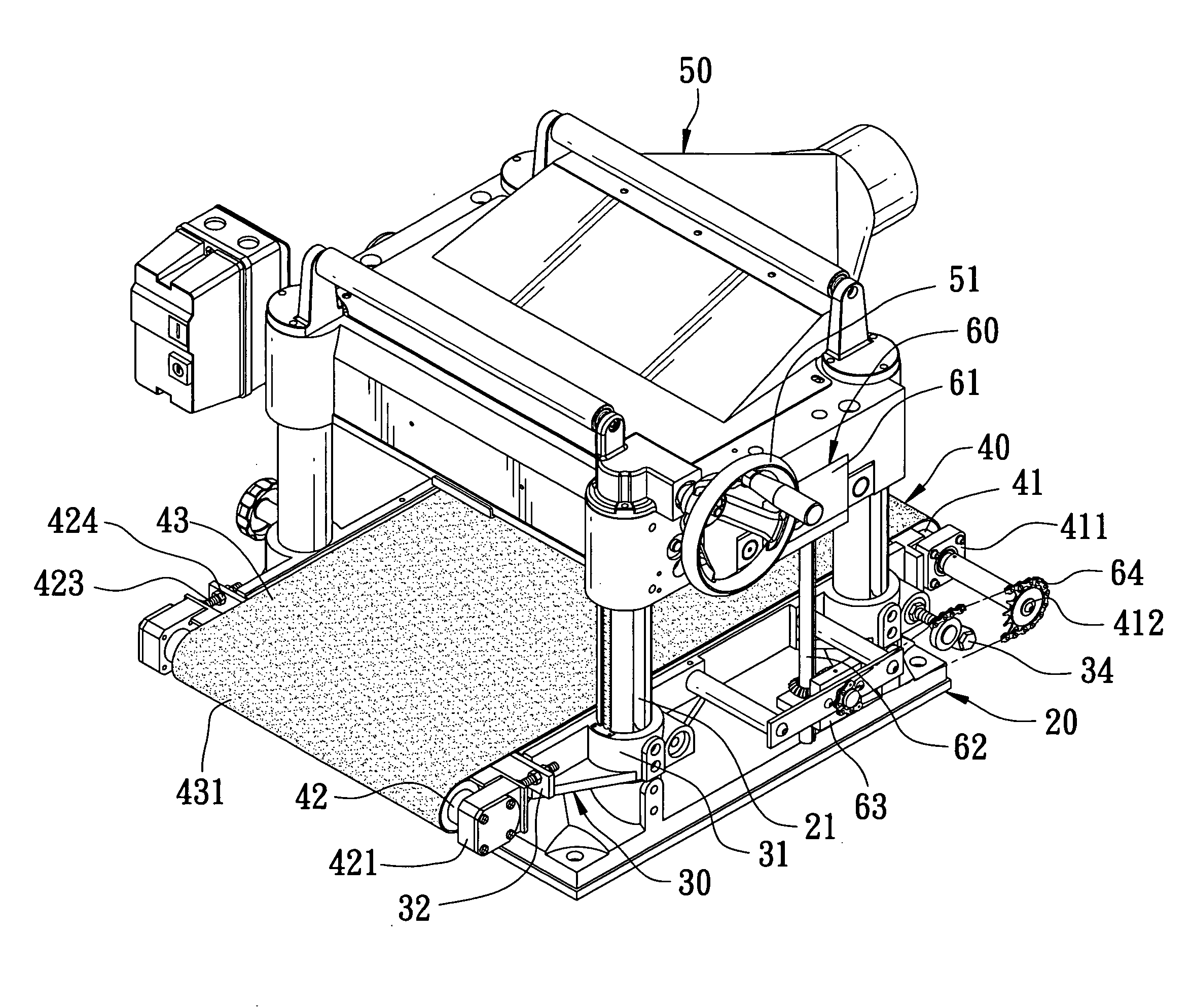 Work feeding and conveying mechanism for a planing machine