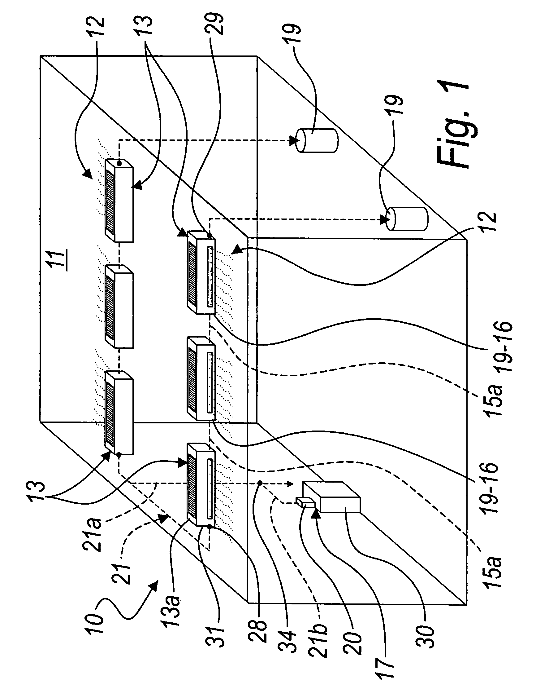 Air humidification system for large enclosed spaces and humidification module usable in such system
