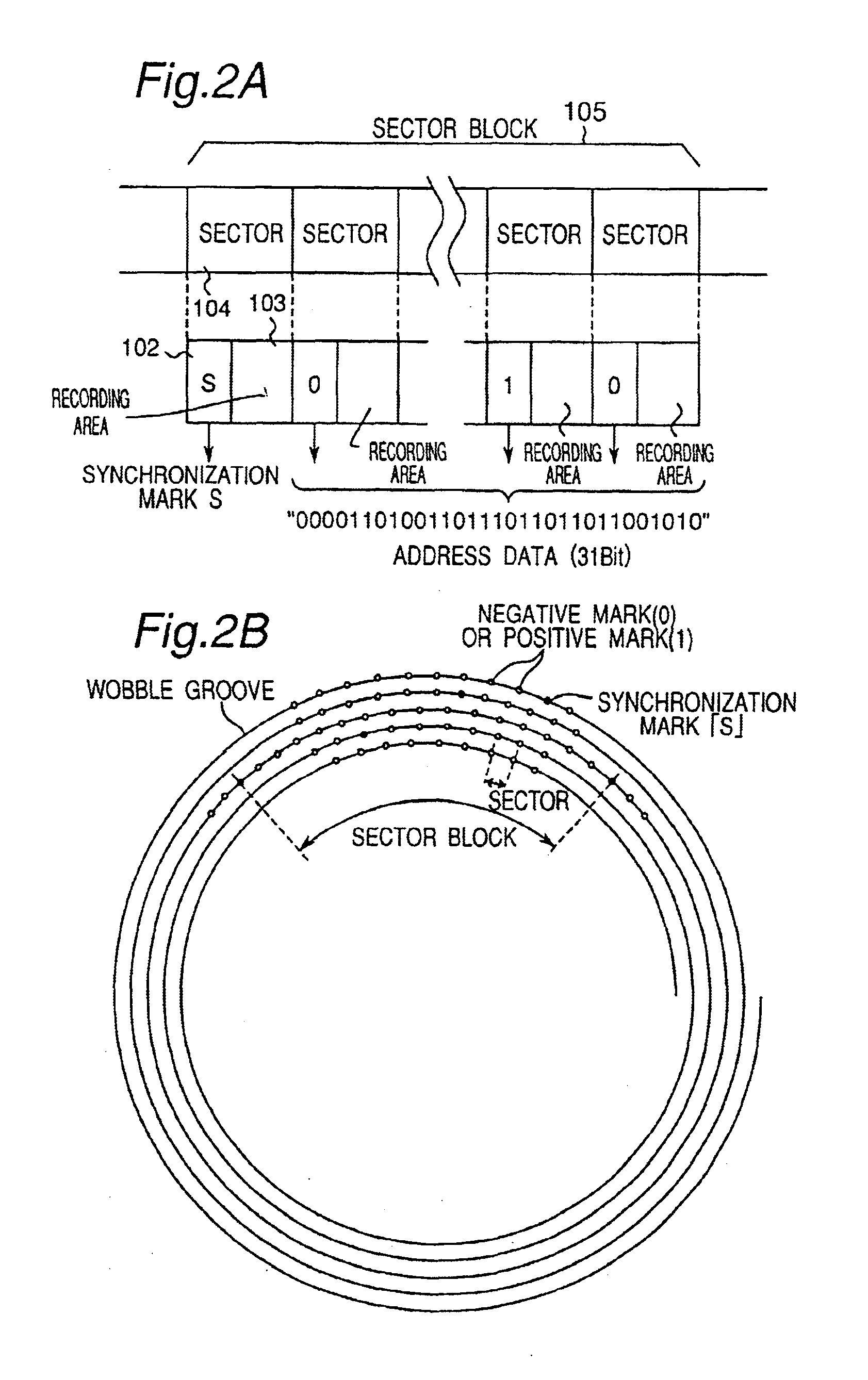 Optical disc having positive marks and negative marks in a sector block