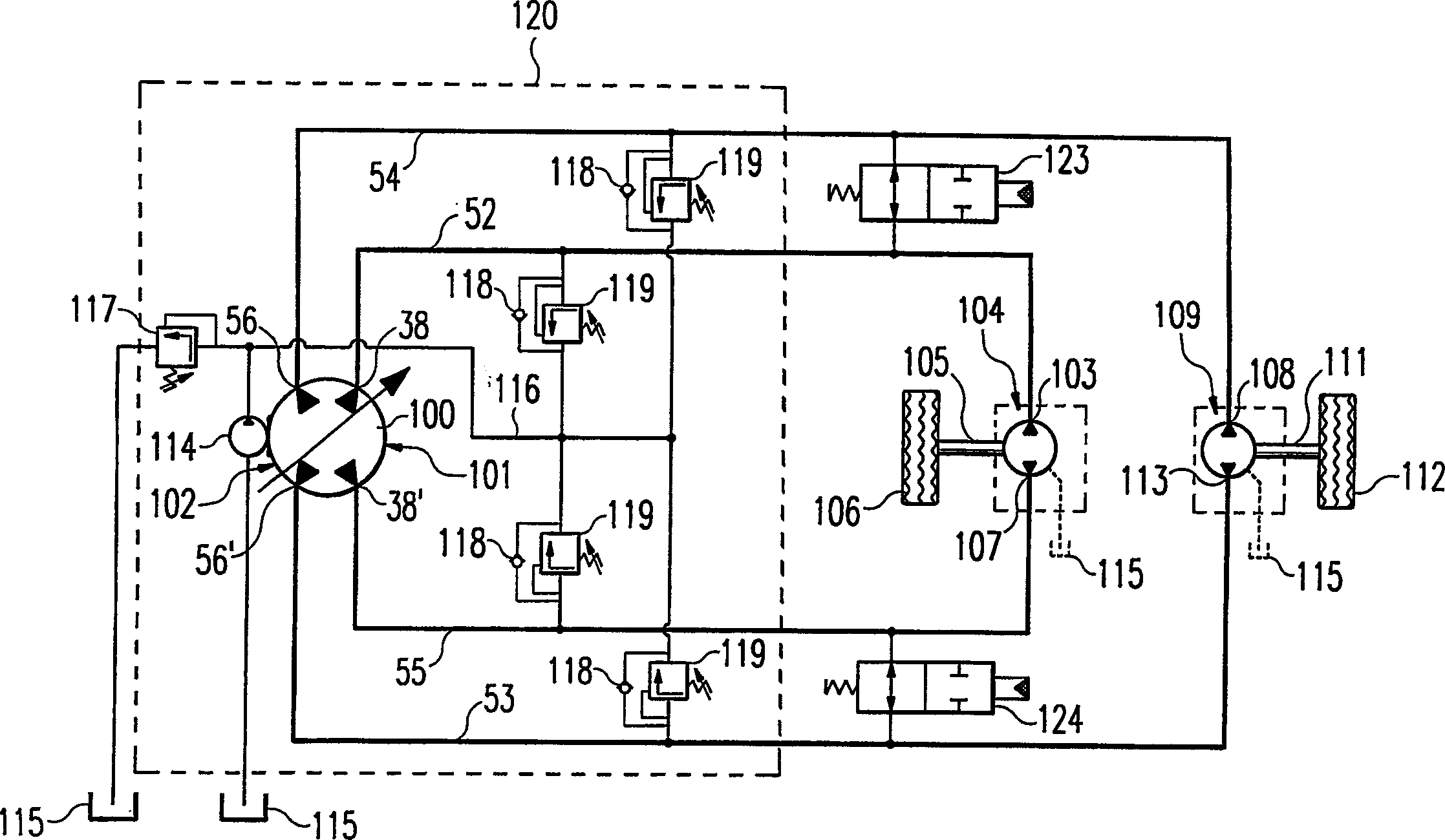 Hydrostatic drive system with pump-sided division of the amount of hydraulic fluid for two hydraulic circuits