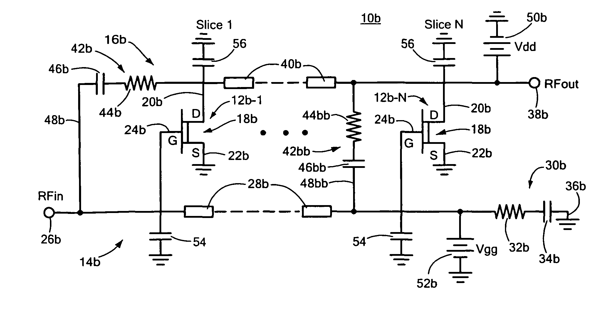 Modified distributed amplifier to improve low frequency efficiency and noise figure