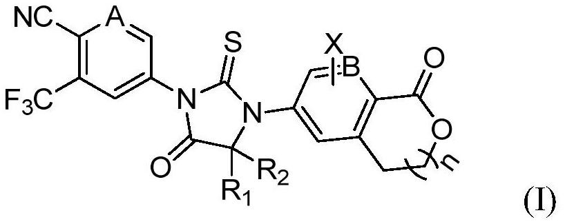 Aromatic ring and cyclic lactone thiohydantoin compound as well as preparation method and application thereof
