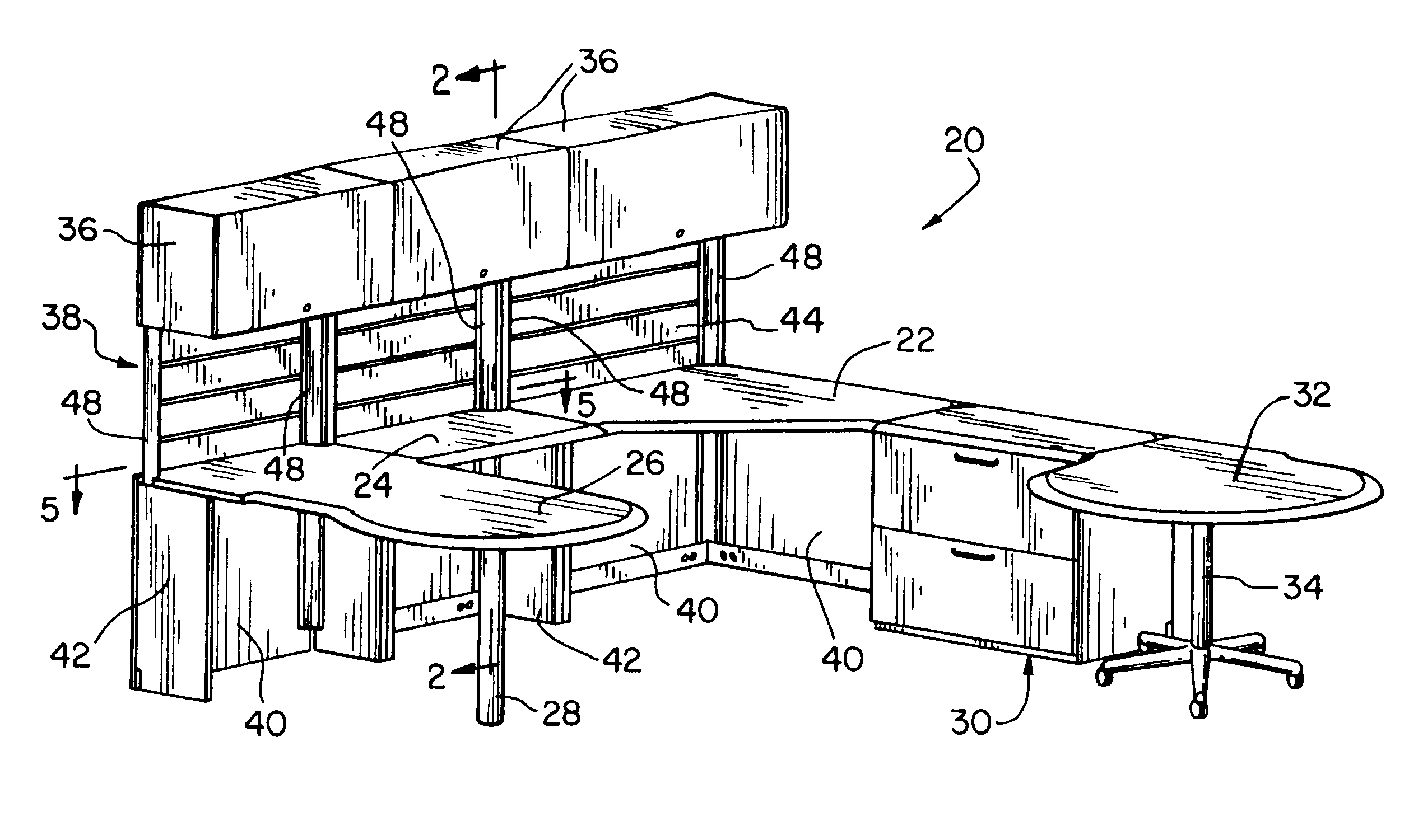 Desk system having stanchion supported overhead storage cabinet