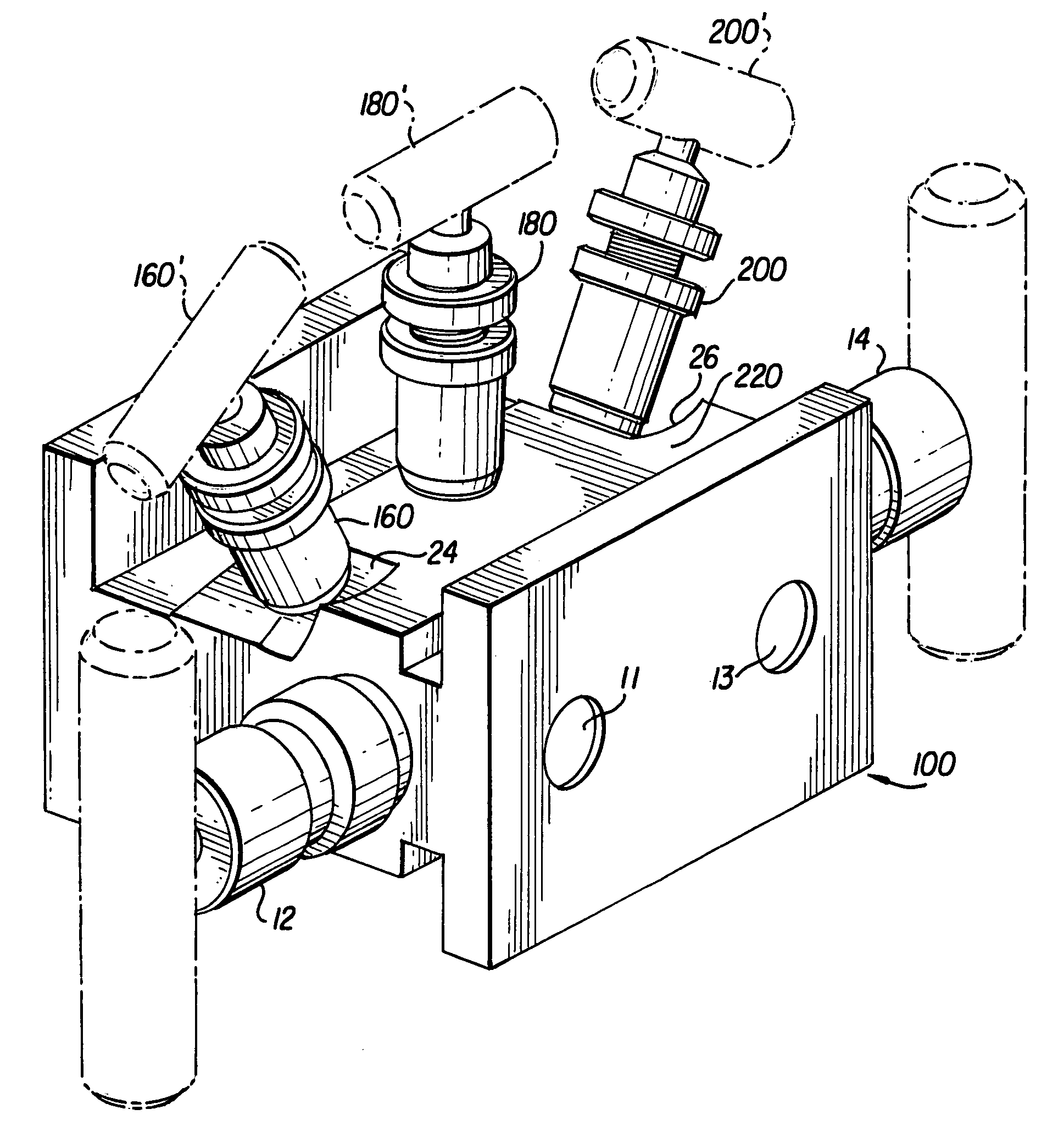 Five valve manifold with angle bonnet details