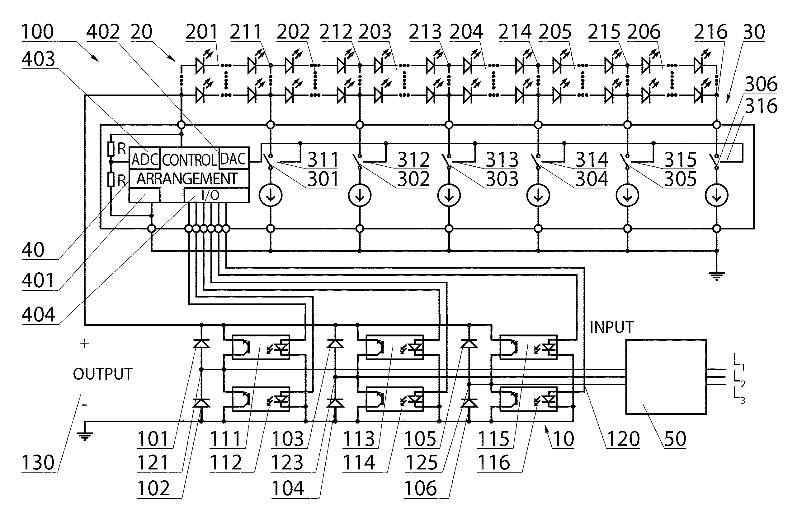 Three-phase power supply and system of LEDs with three-phase power supply