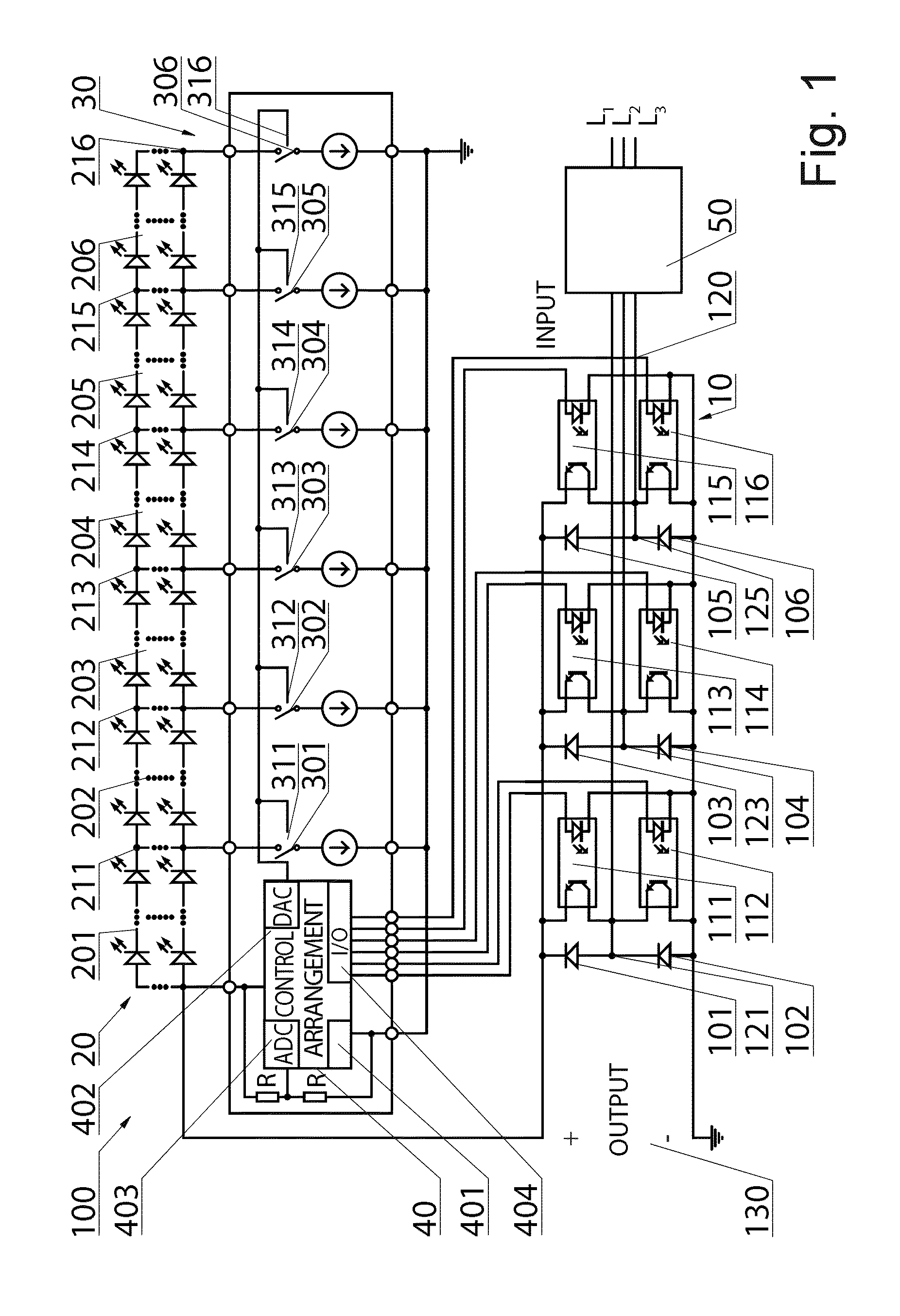 Three-phase power supply and system of LEDs with three-phase power supply