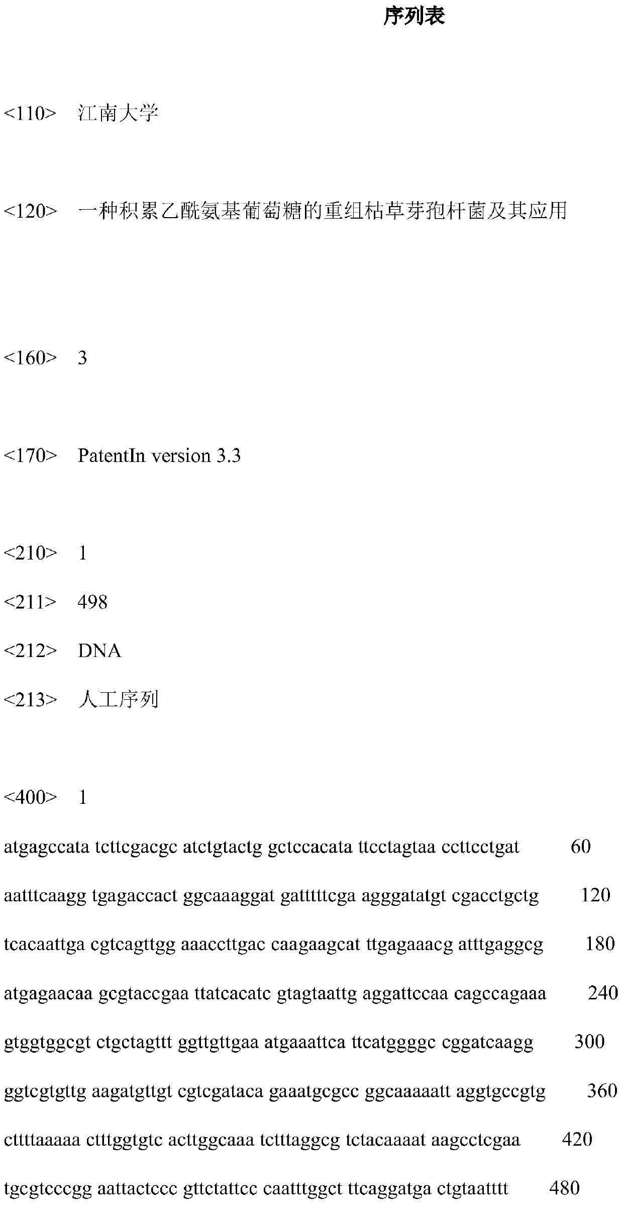 A kind of recombinant Bacillus subtilis accumulating acetylglucosamine and its application