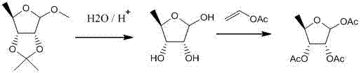 Preparation method of 1,2,3-tri-O-acetyl-5-deoxidization-beta-D-ribose