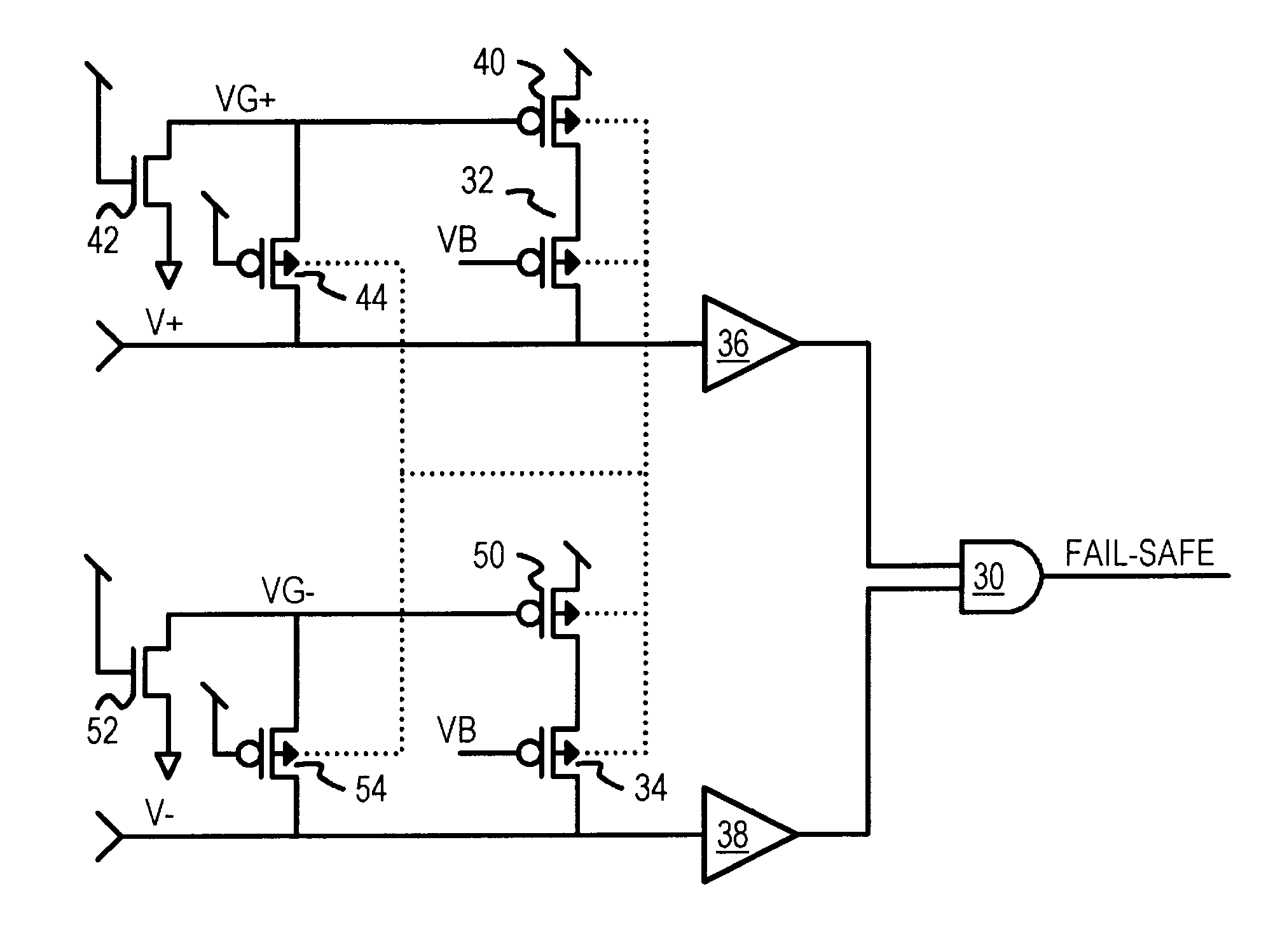Fail-safe circuit with low input impedance using active-transistor differential-line terminators