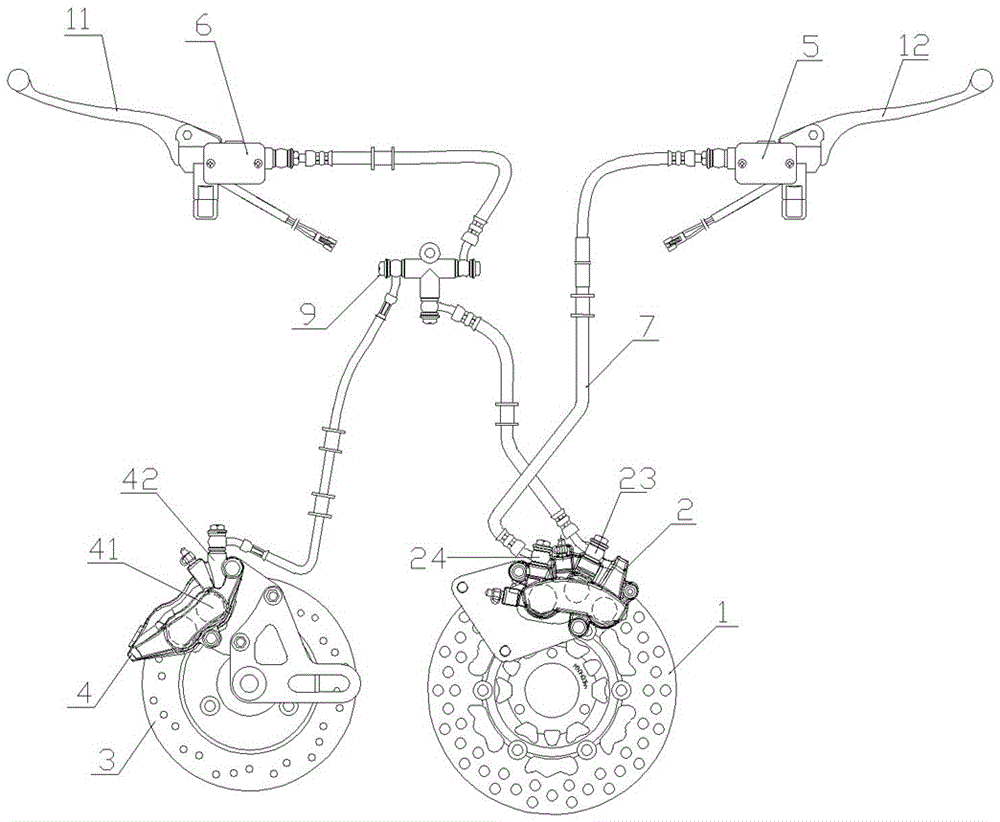 Front disc and rear disc combined hand brake system