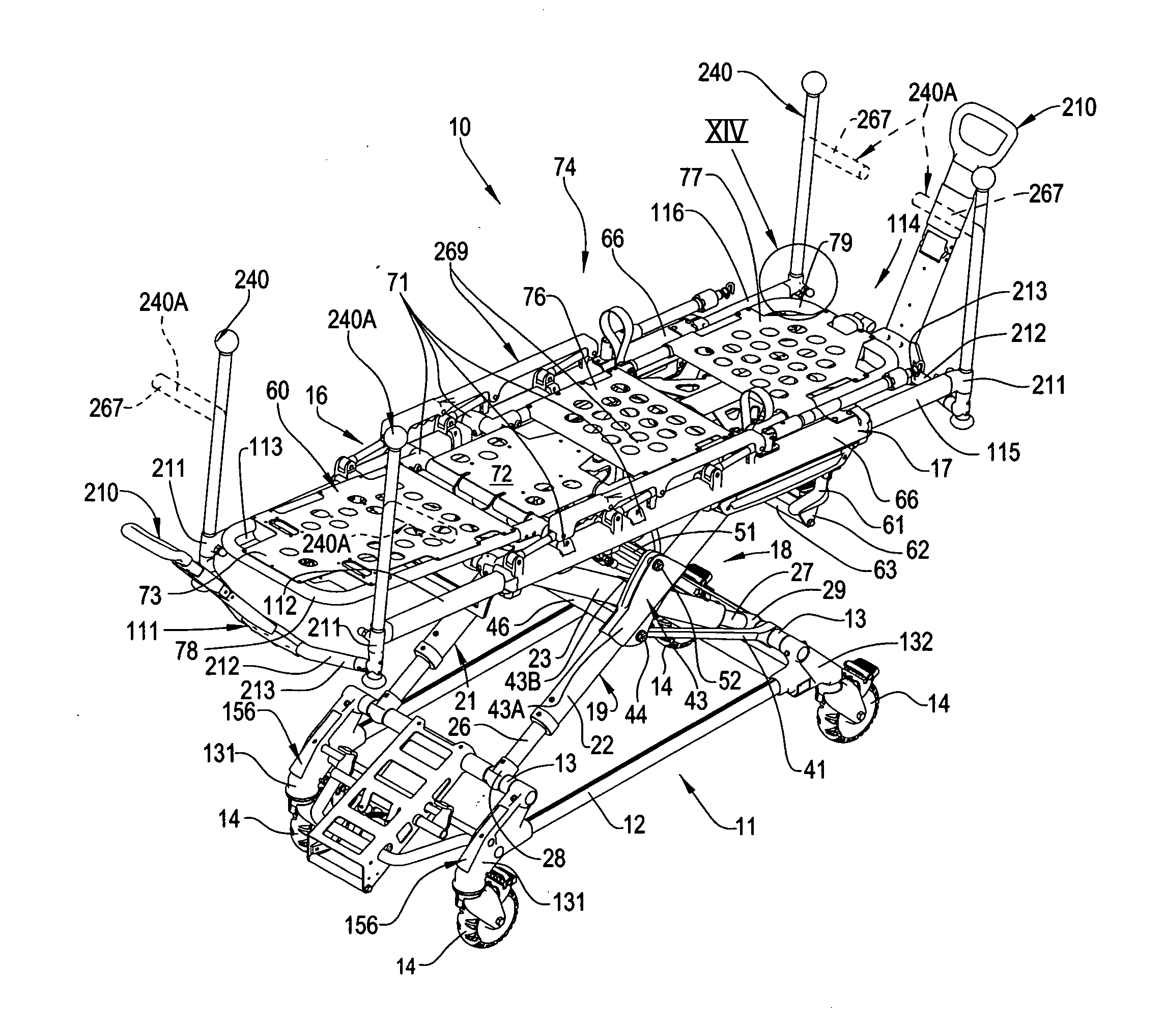 Retractable head and foot section pivots for an ambulance cot