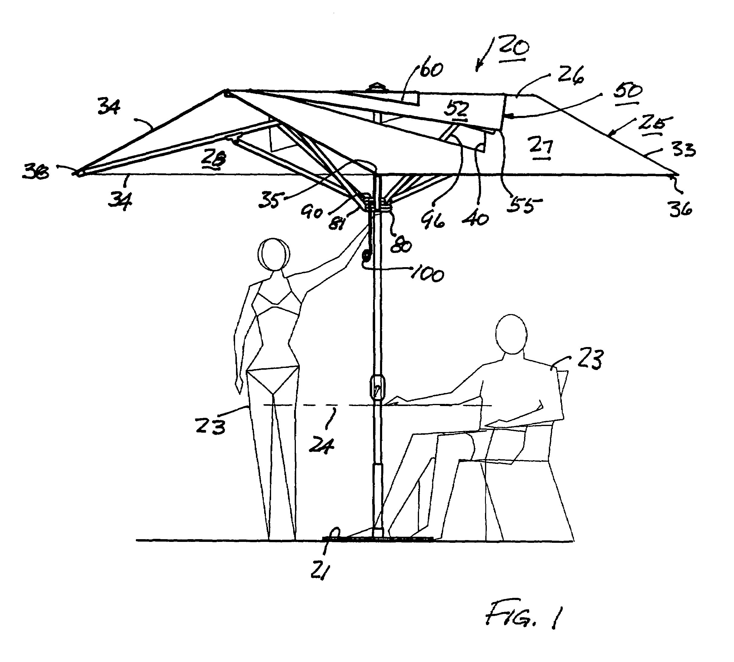 Umbrella with a vented canopy deployable and retractible to a dihedral shape with a positively moved canopy and vent cover