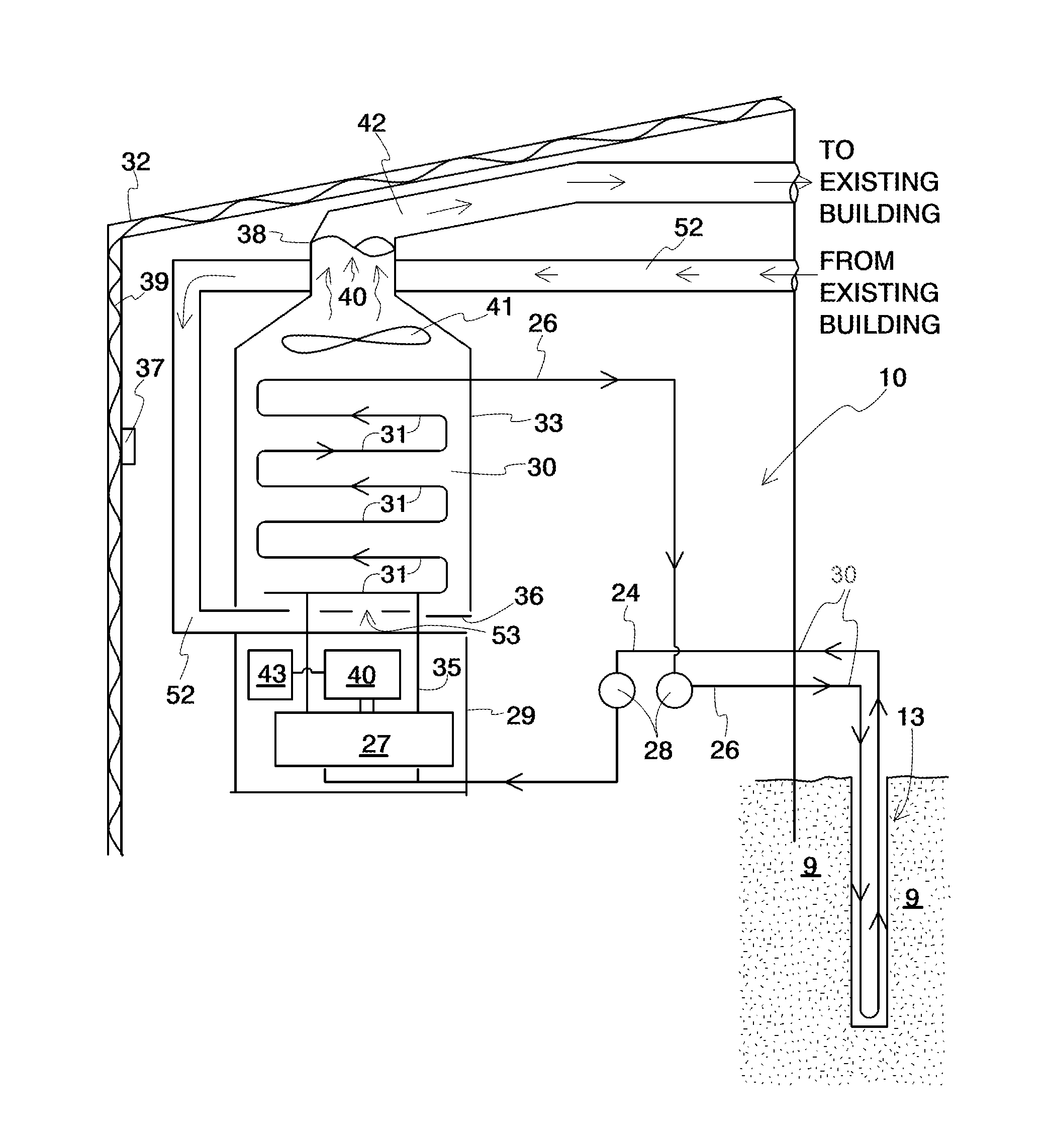 System to enable geothermal field interaction with existing HVAC systems, method to enable geothermal field interaction with existing HVAC system