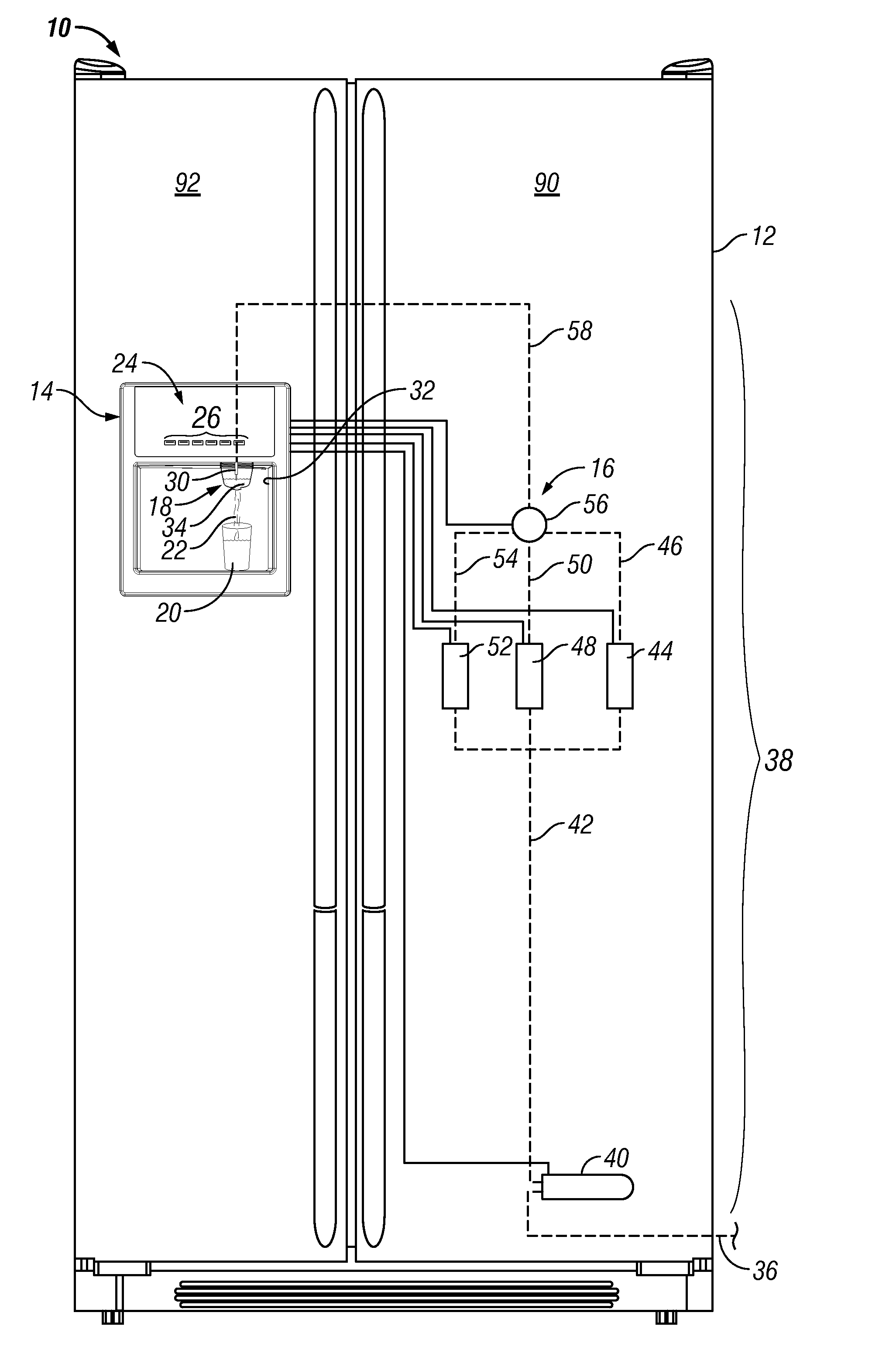 Apparatuses and methods for a refrigerator having liquid conditioning and enhancement components for enhanced beverage dispensing