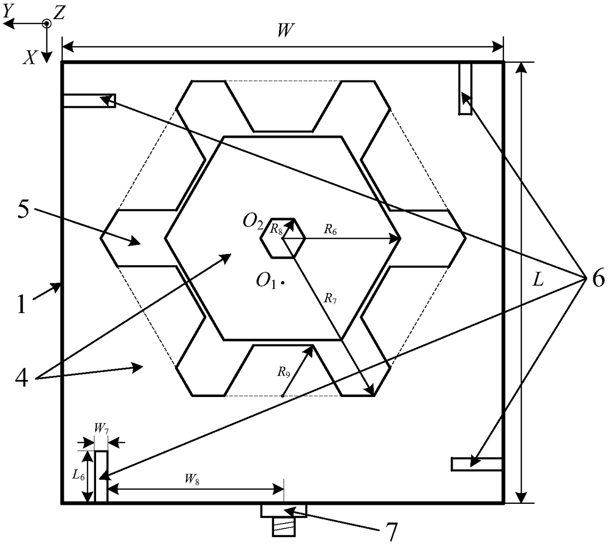 A flower-shaped feed terminal multi-frequency microstrip antenna loaded with hexagonal parasitic branches