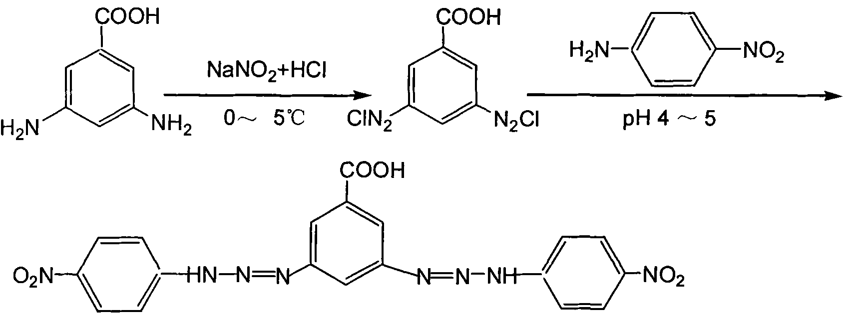 3,5-di-(4-nitrophenylamino diazo) benzoic acid and preparation method thereof