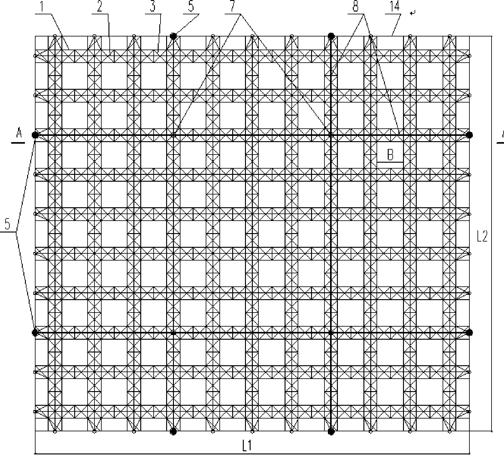 Roof with approximately quadrate plane and super large space pre-stressed steel grid structure and manufacturing method thereof