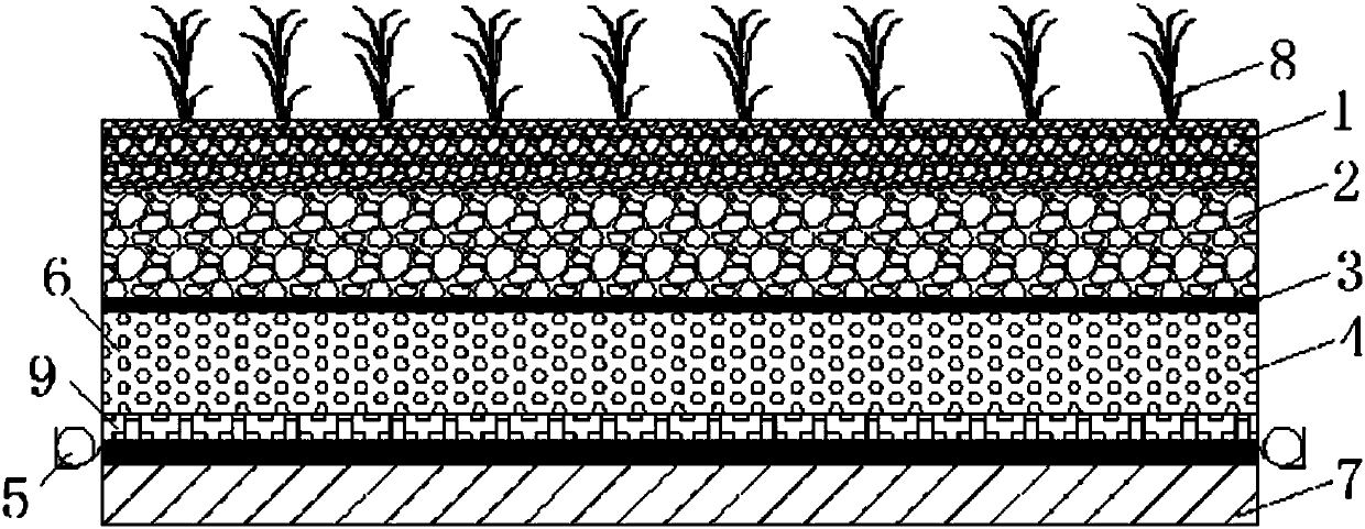 Grass planting ecological sponge type bituminous mixture pavement structure