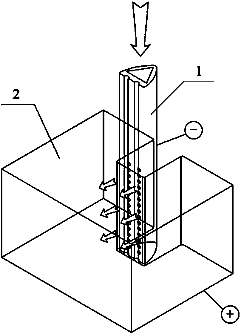 Large-thickness electrolytic cutting rectangular section special-shaped tube electrode and machining method thereof