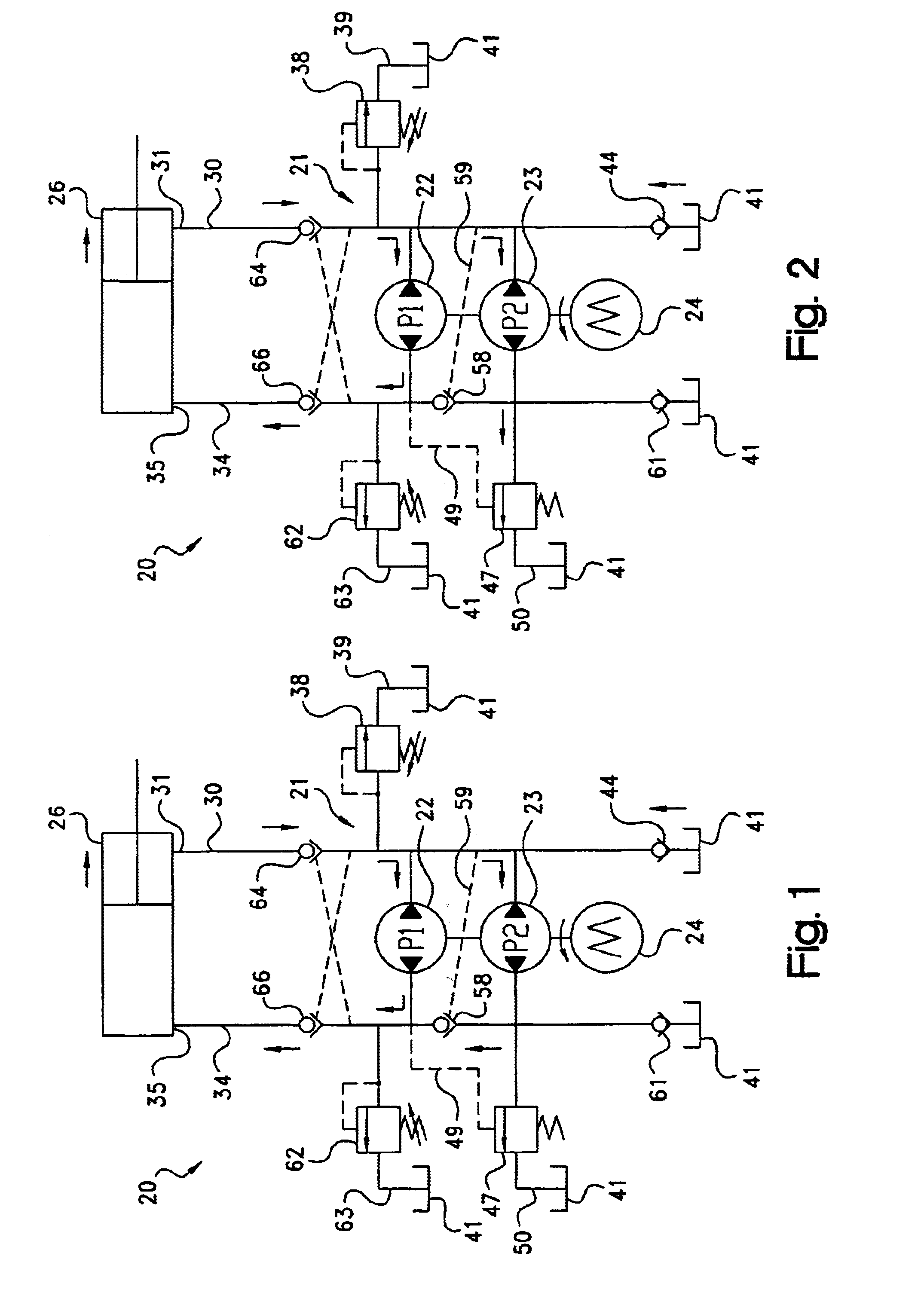 Bi-rotational, two-stage hydraulic system