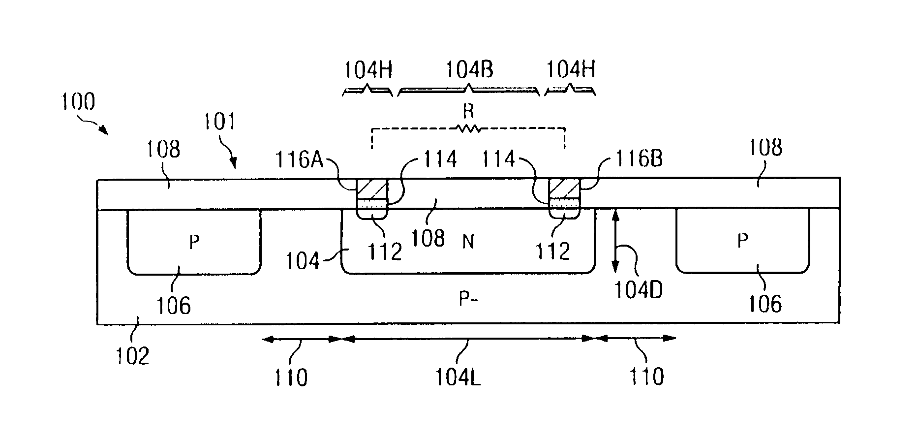 Diffusion resistor with reduced voltage coefficient of resistance and increased breakdown voltage using CMOS wells